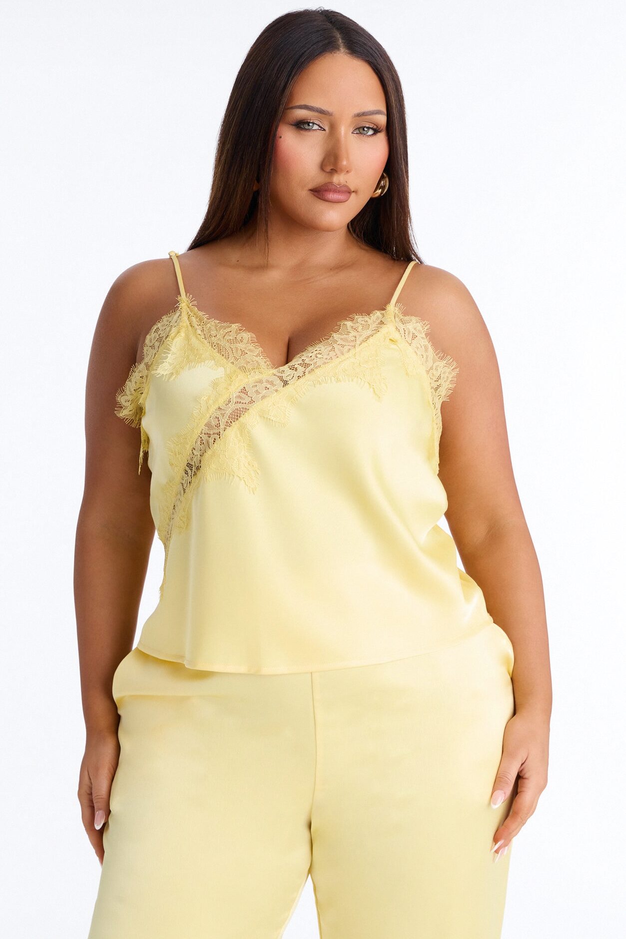 Araiza Satin Lace Trim Pant Set - Yellow