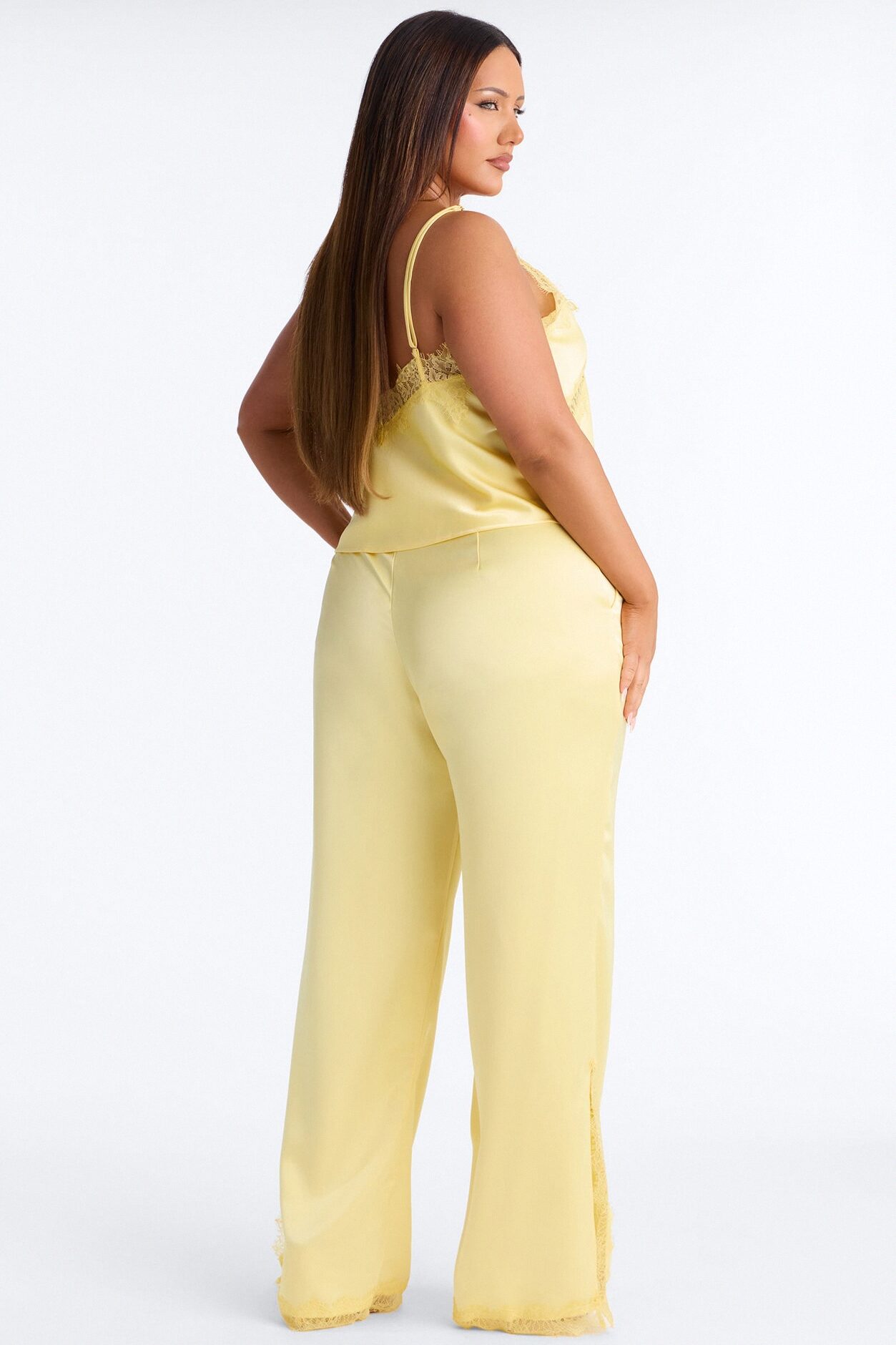 Araiza Satin Lace Trim Pant Set - Yellow