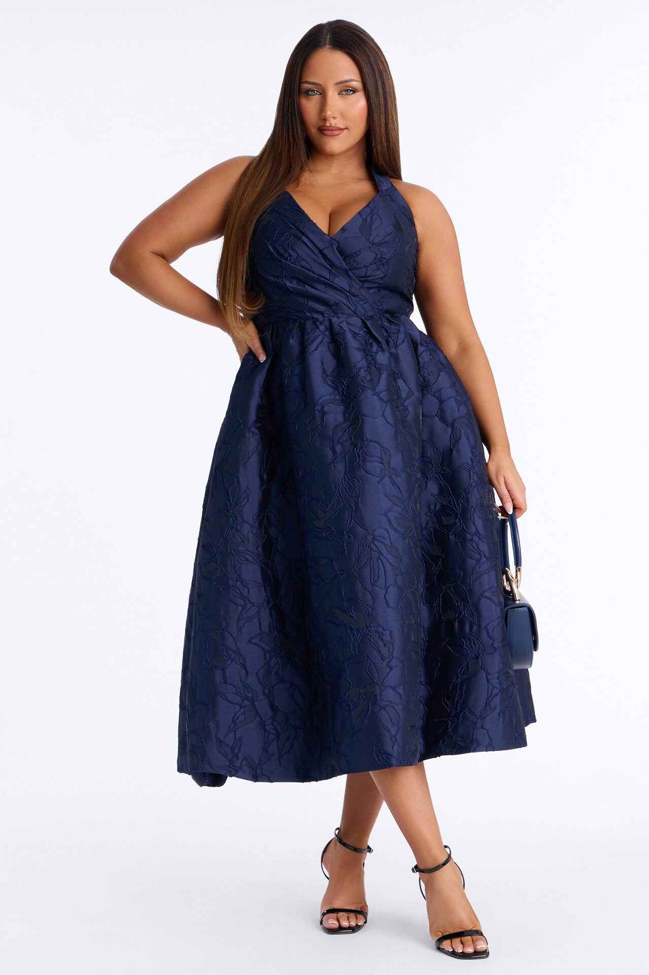 Keep You Enchanted Jacquard Halter Midi Dress - Navy