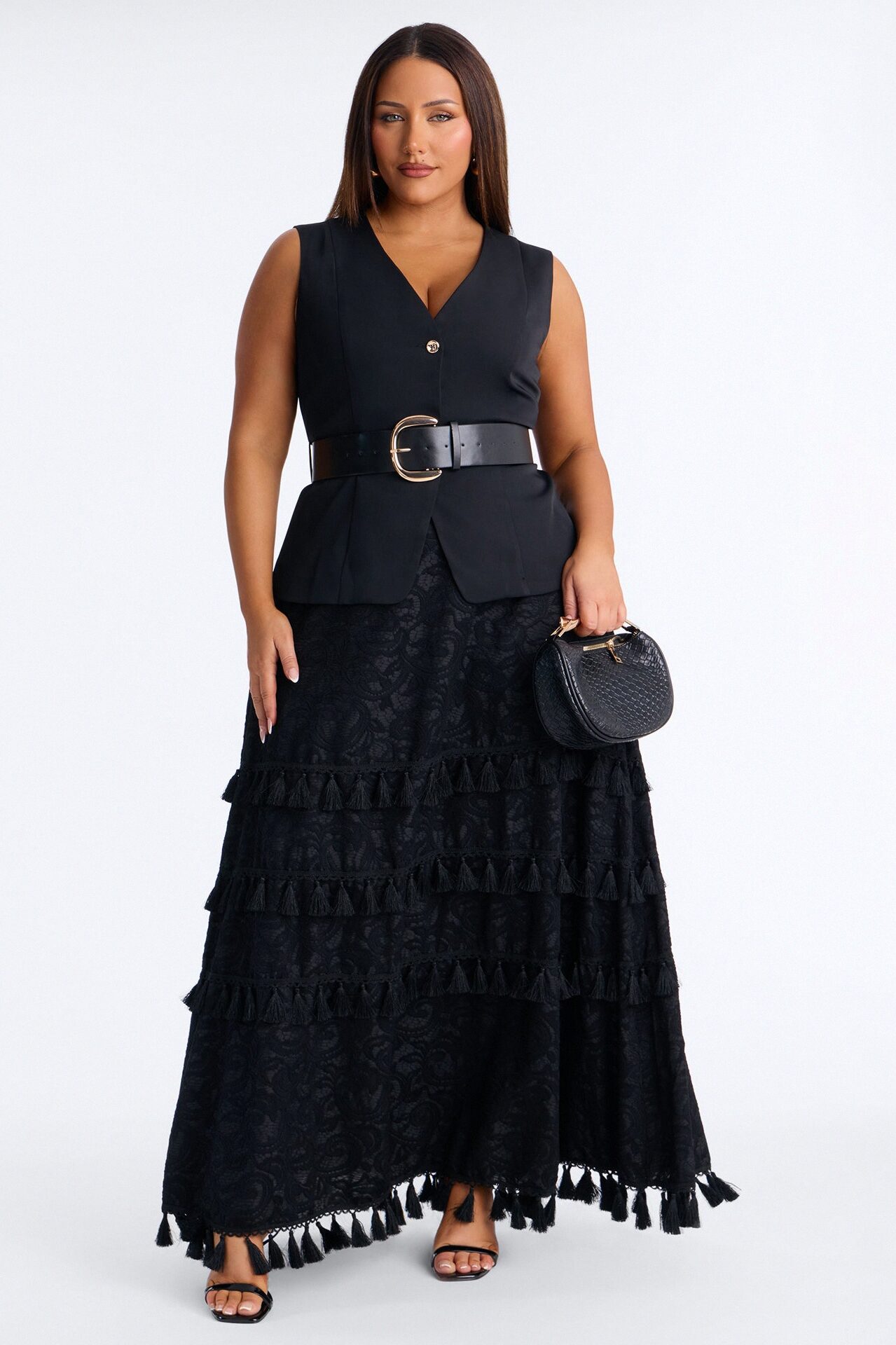 Inez Fringe Trim Belted Maxi Skirt Set - Black