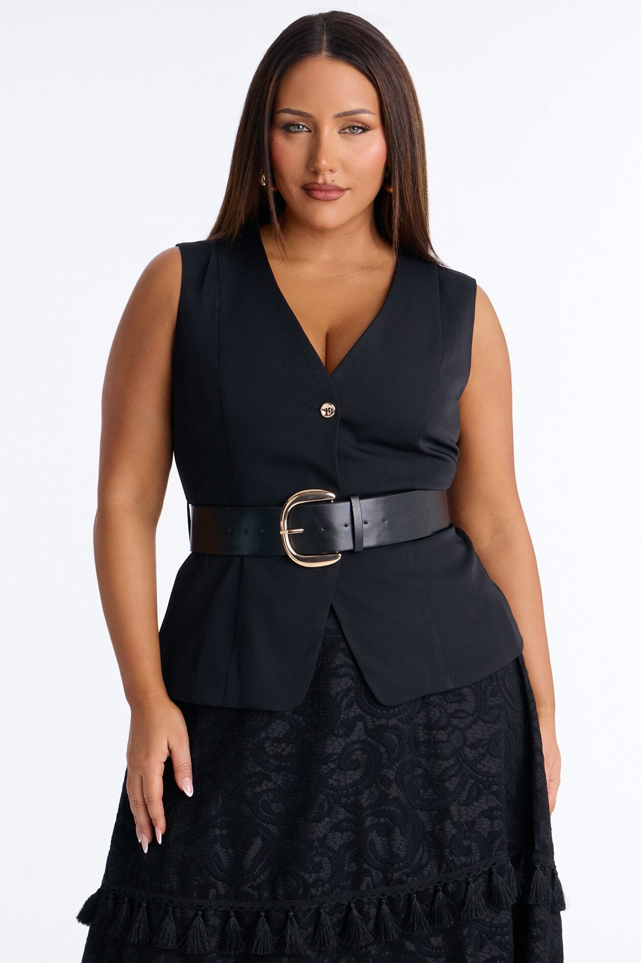 Inez Fringe Trim Belted Maxi Skirt Set - Black