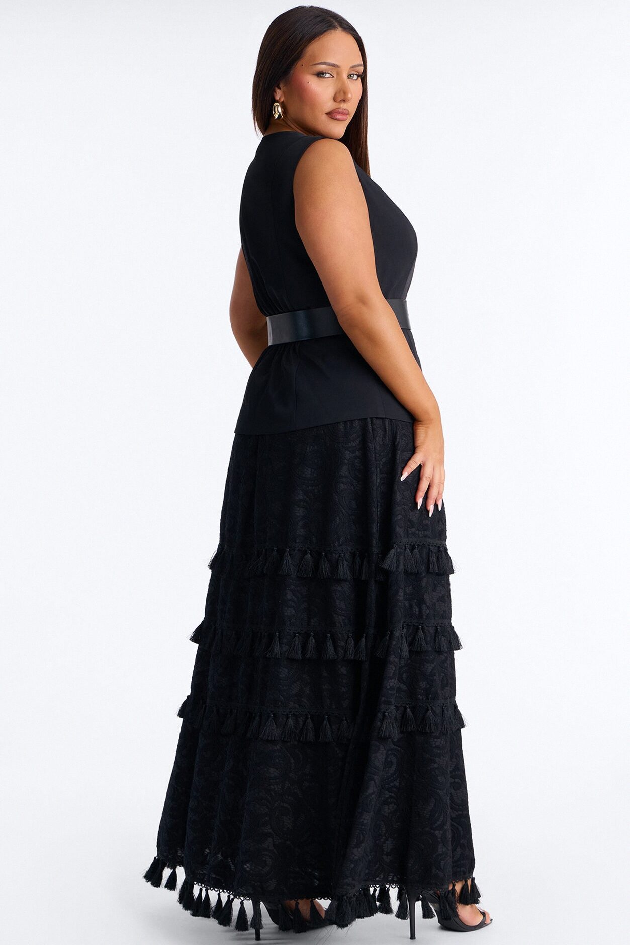 Inez Fringe Trim Belted Maxi Skirt Set - Black
