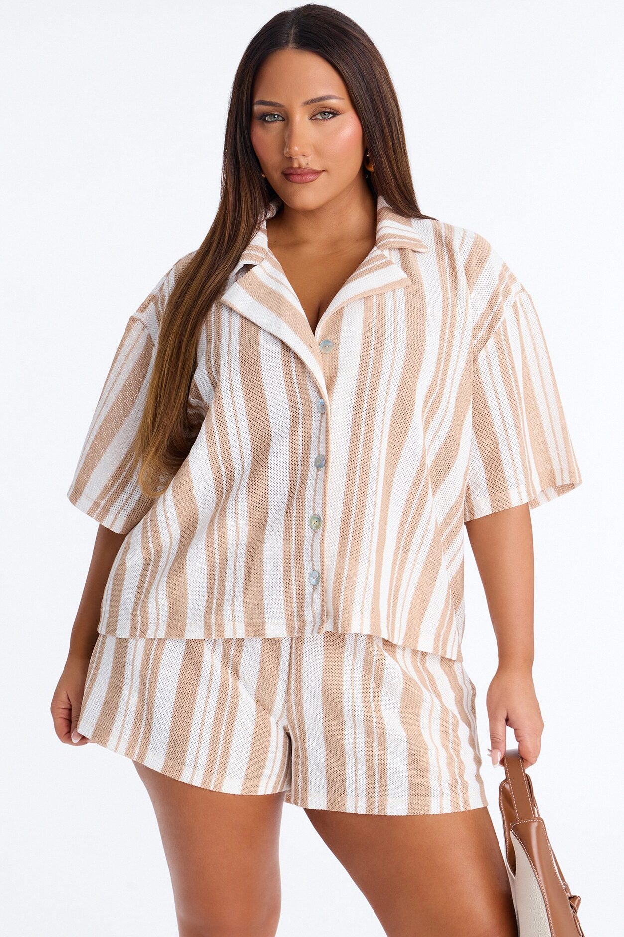 Lea Crochet Stripe Short Set - Taupe/combo