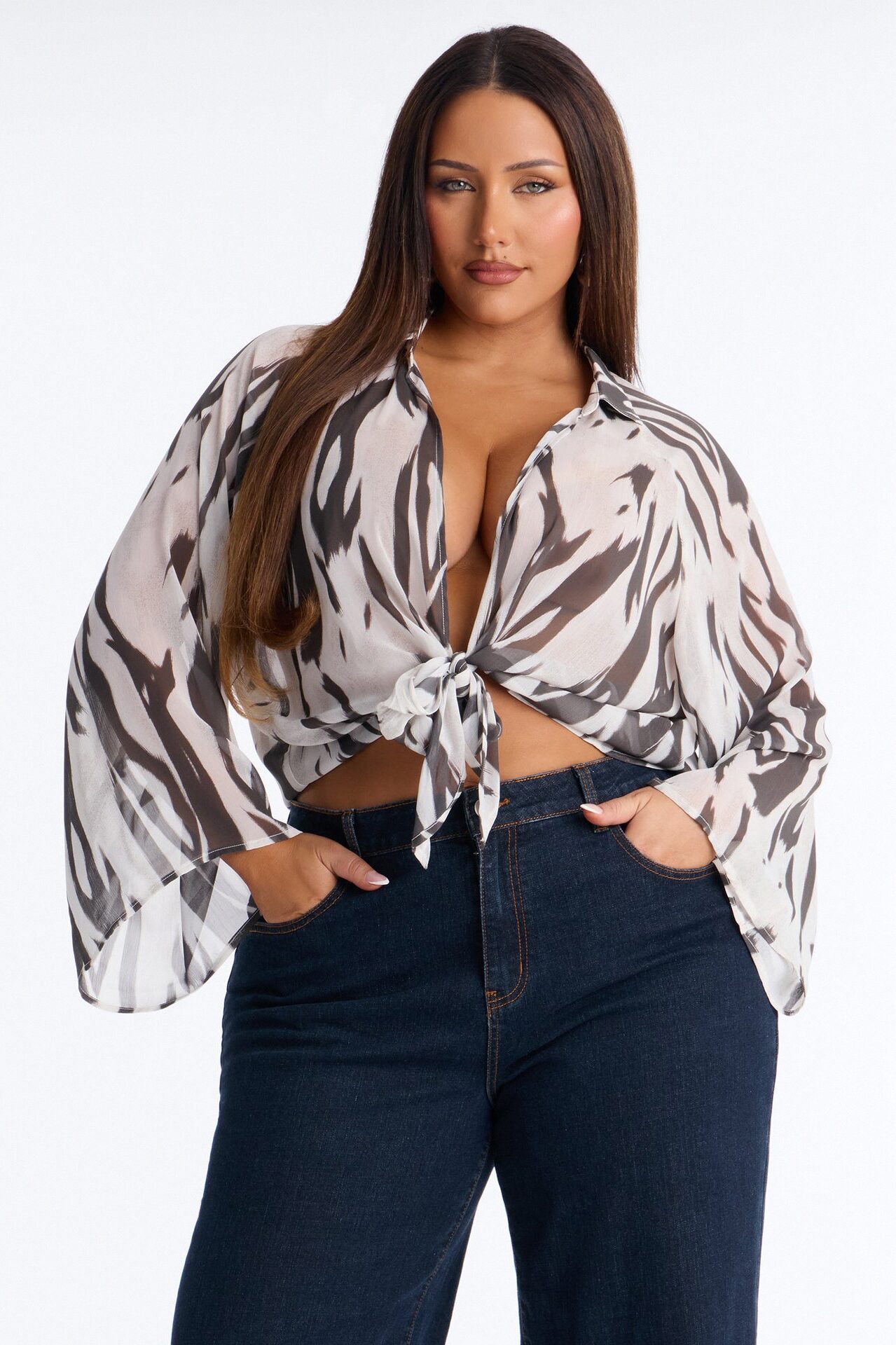 Elevated Energy Tie Front Chiffon Top - Black/White
