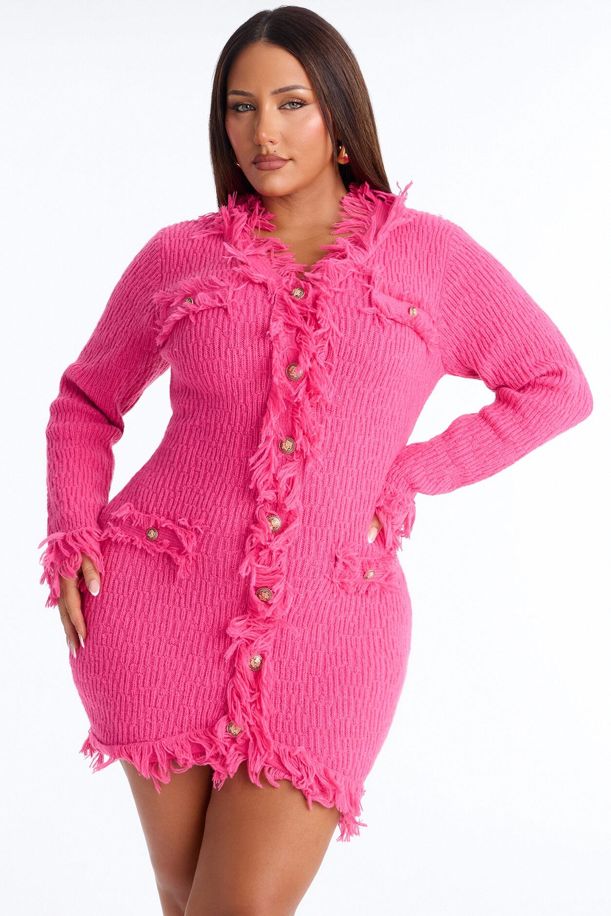 Gwendolyn Long Sleeve Sweater Mini Dress - Hot Pink