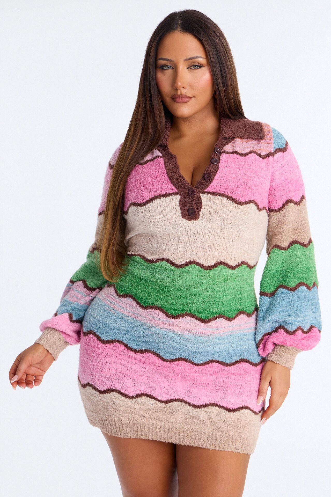 Sweet Treat Long Sleeve Sweater Mini Dress - Pink/combo