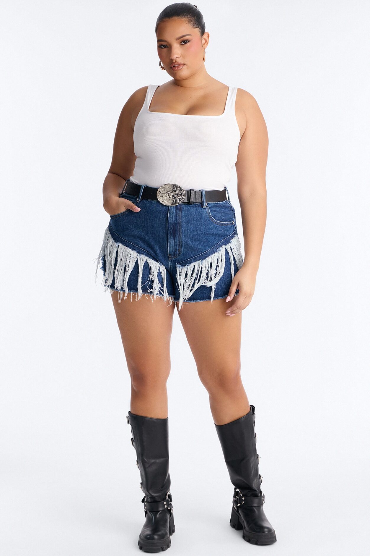 Indio Fringe Ripped High Rise Denim Shorts - Dark Wash