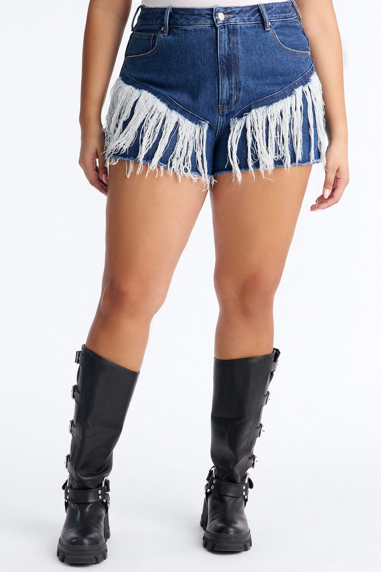 Indio Fringe Ripped High Rise Denim Shorts - Dark Wash