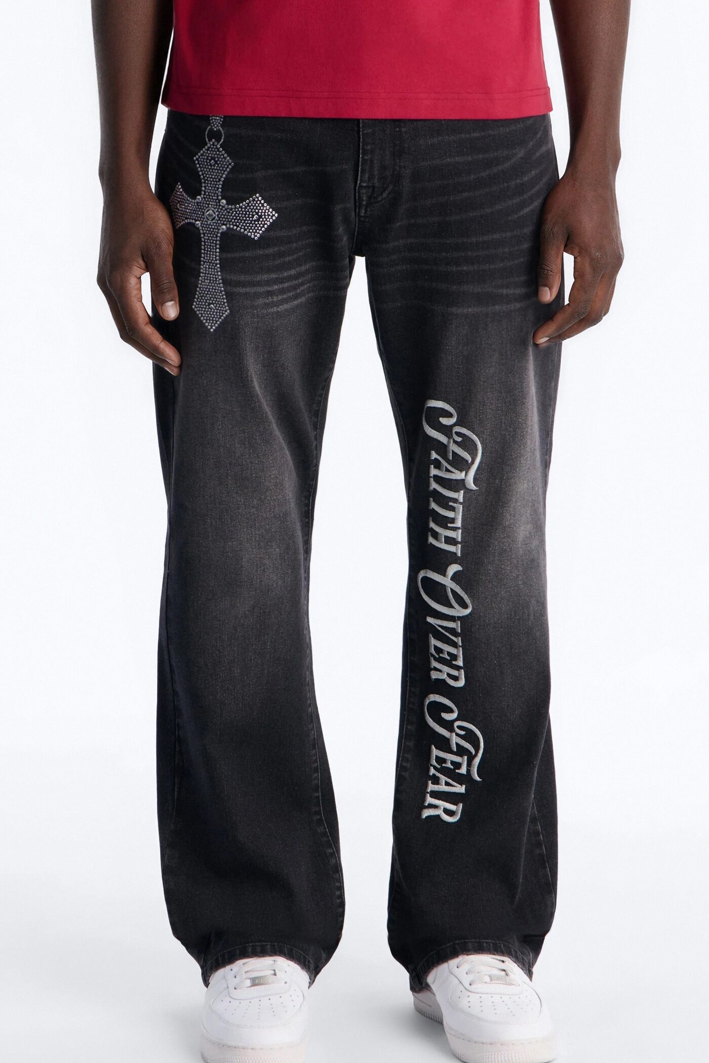Stacked Slim Flare Faith Over Fear Drip Jean - Black Wash