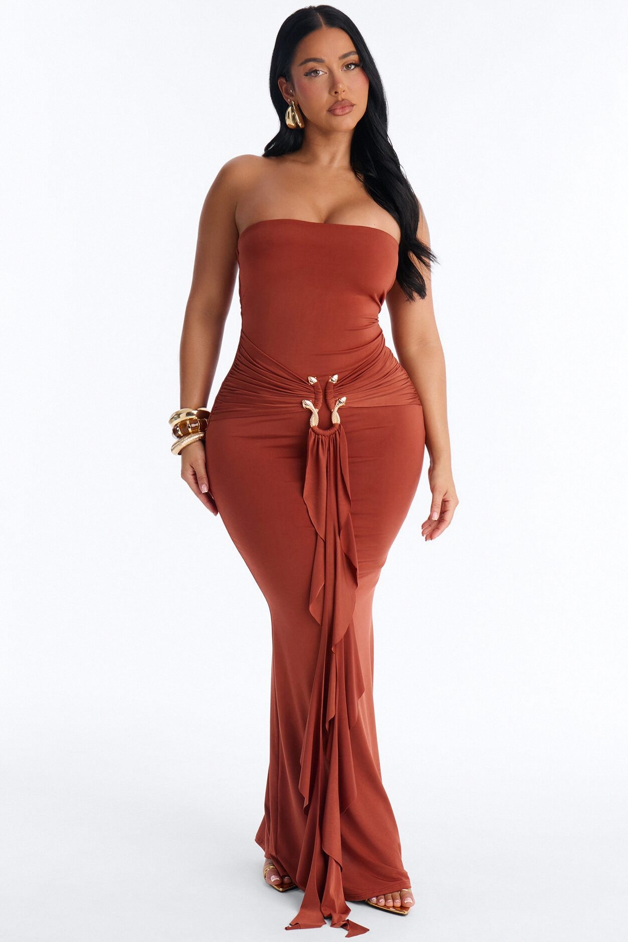 In The Moment Strapless Maxi Dress - Rust