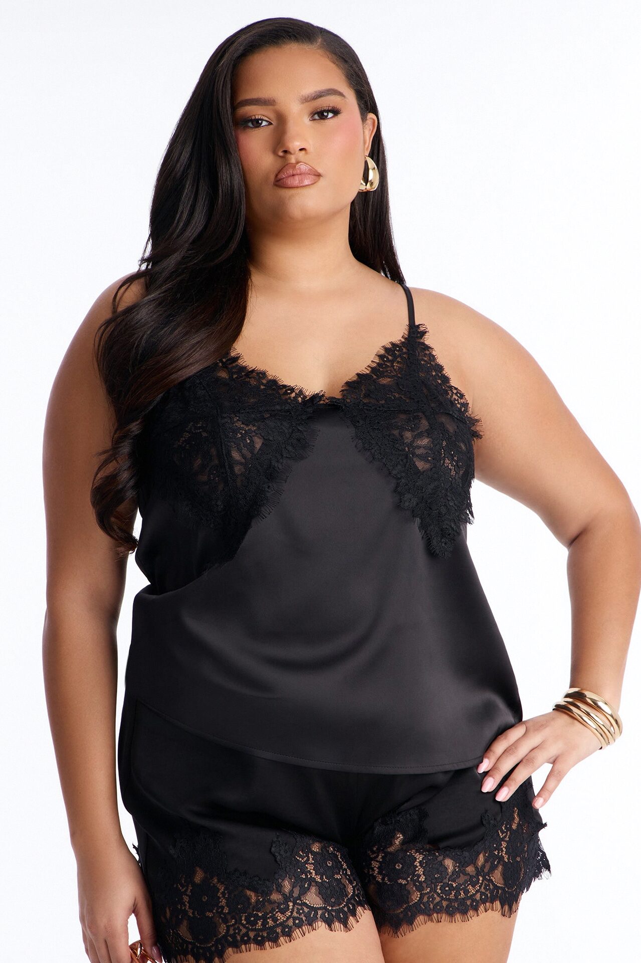 Little Secrets Lace Trim Satin Cami Top - Black