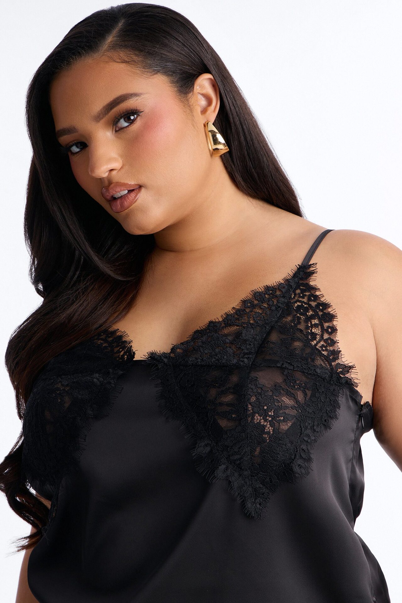Little Secrets Lace Trim Satin Cami Top - Black
