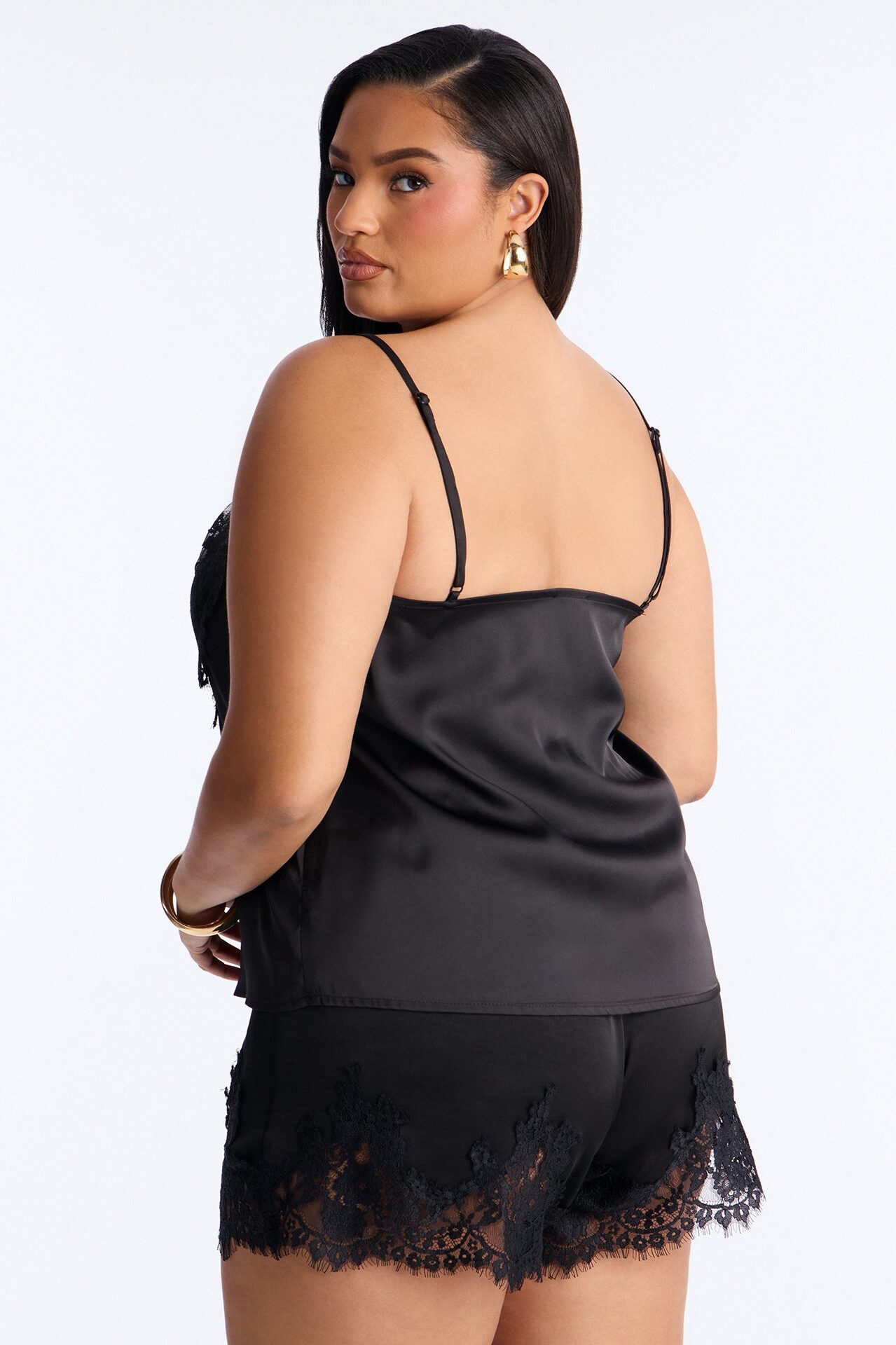 Little Secrets Lace Trim Satin Cami Top - Black