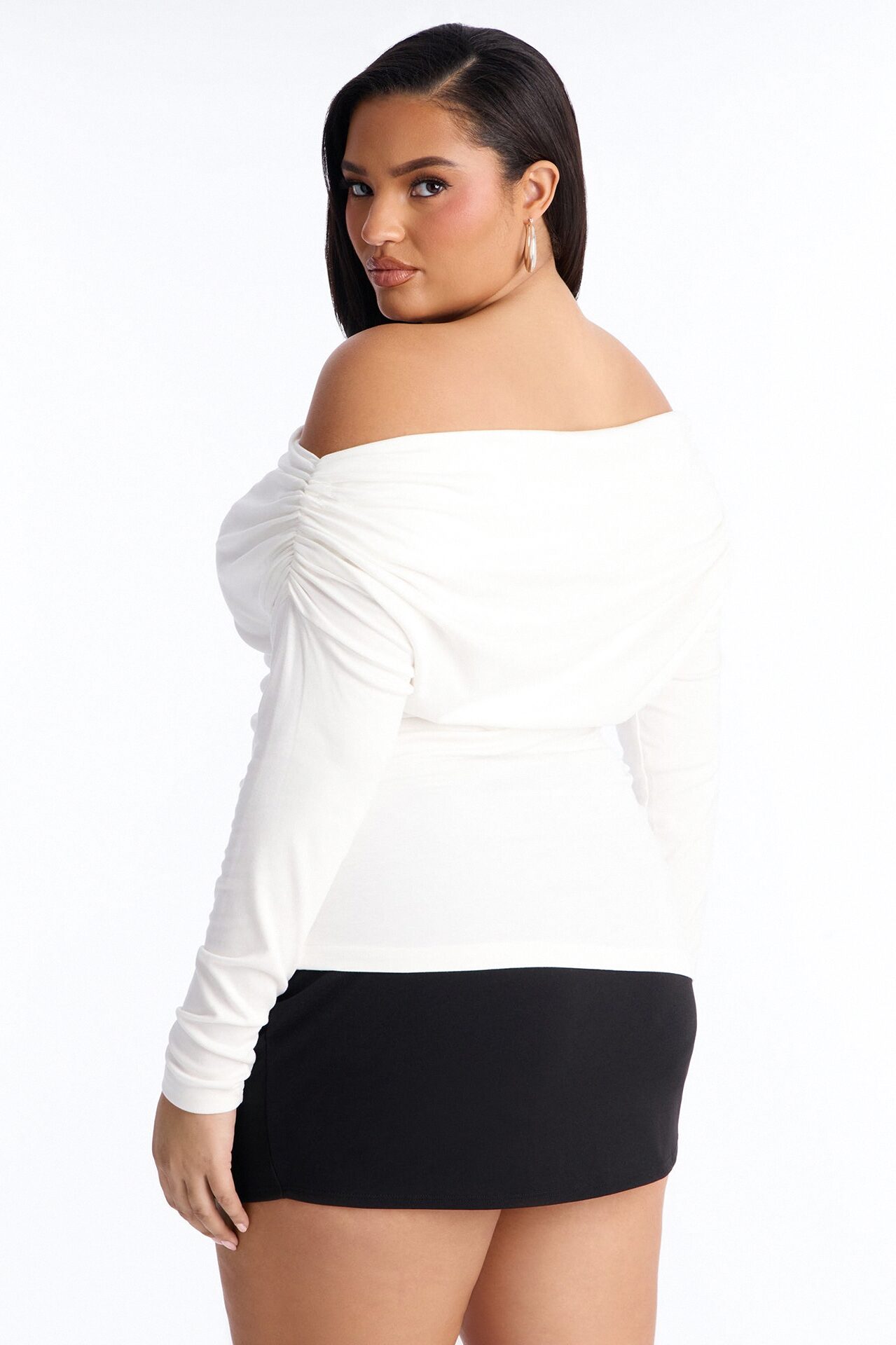 Rebecca Off Shoulder Ruched Long Sleeve Top - White