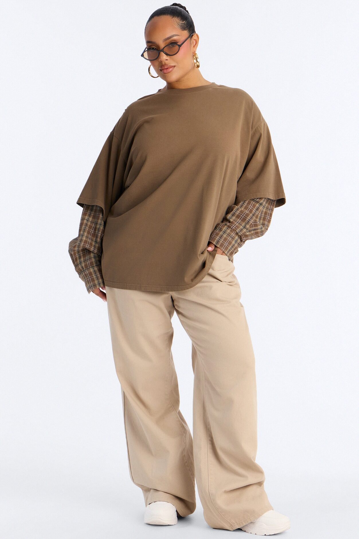 Stole Your Boyfriends Oversized Plaid Long Sleeve T-Shirt - Brown/combo