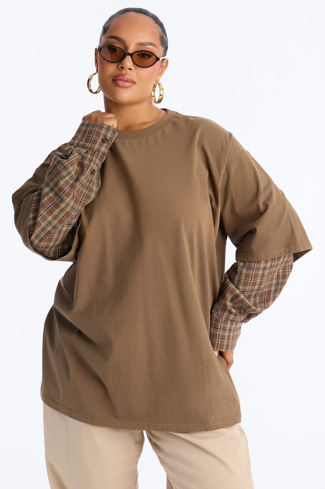 Stole Your Boyfriends Oversized Plaid Long Sleeve T-Shirt - Brown/combo