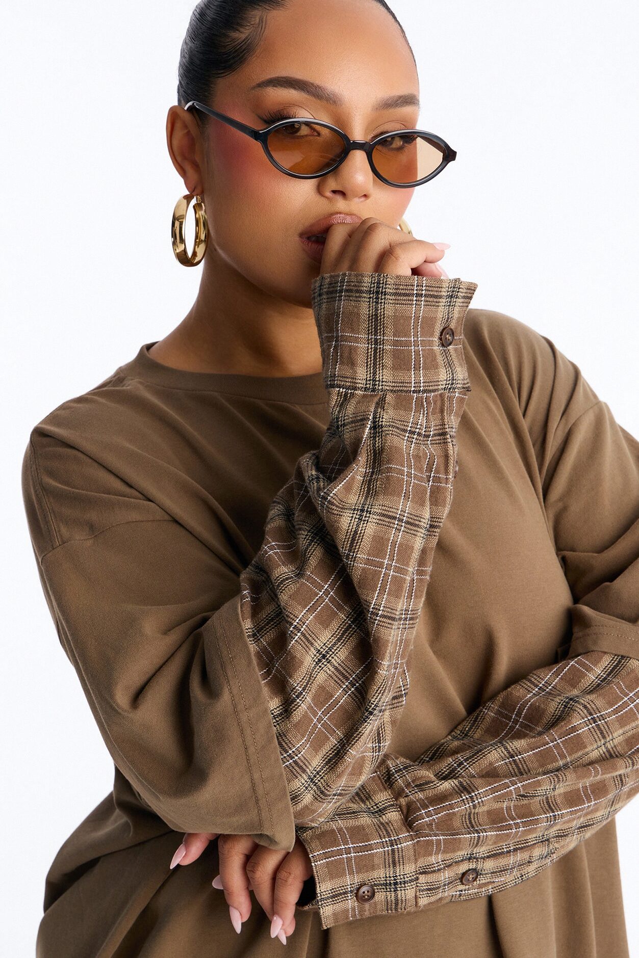 Stole Your Boyfriends Oversized Plaid Long Sleeve T-Shirt - Brown/combo