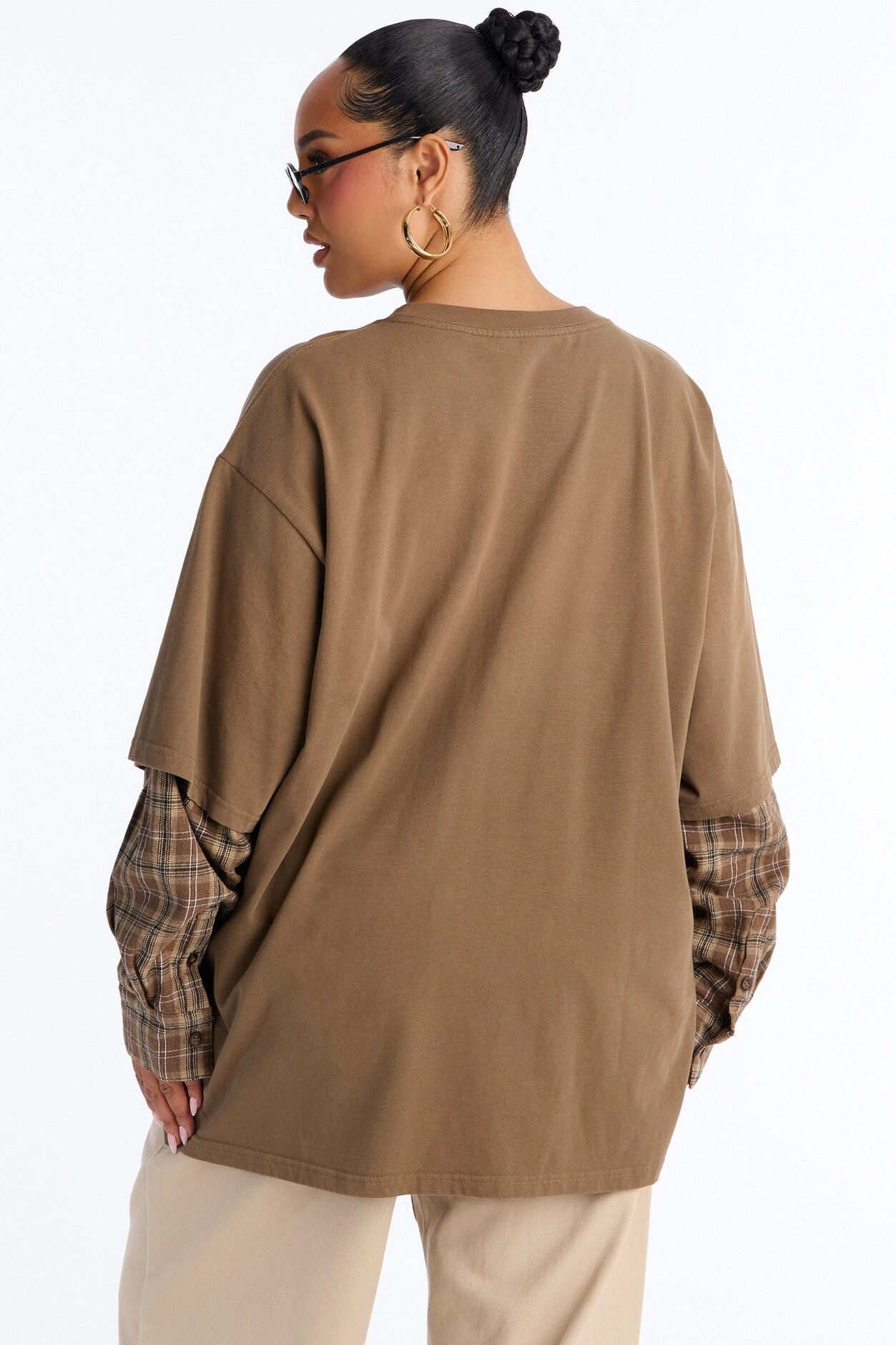 Stole Your Boyfriends Oversized Plaid Long Sleeve T-Shirt - Brown/combo
