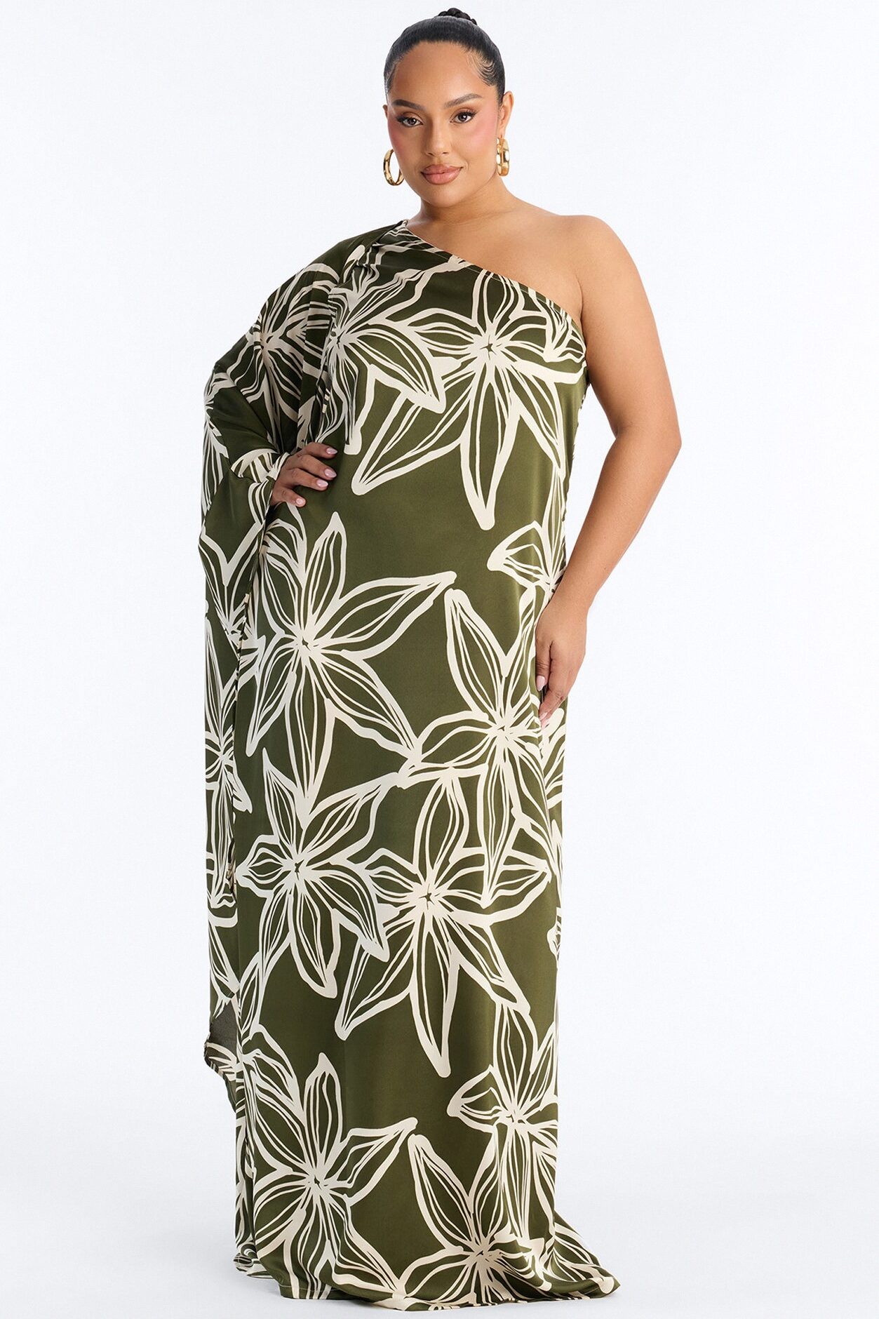 Maeve One Shoulder Satin Maxi Dress - Olive/combo