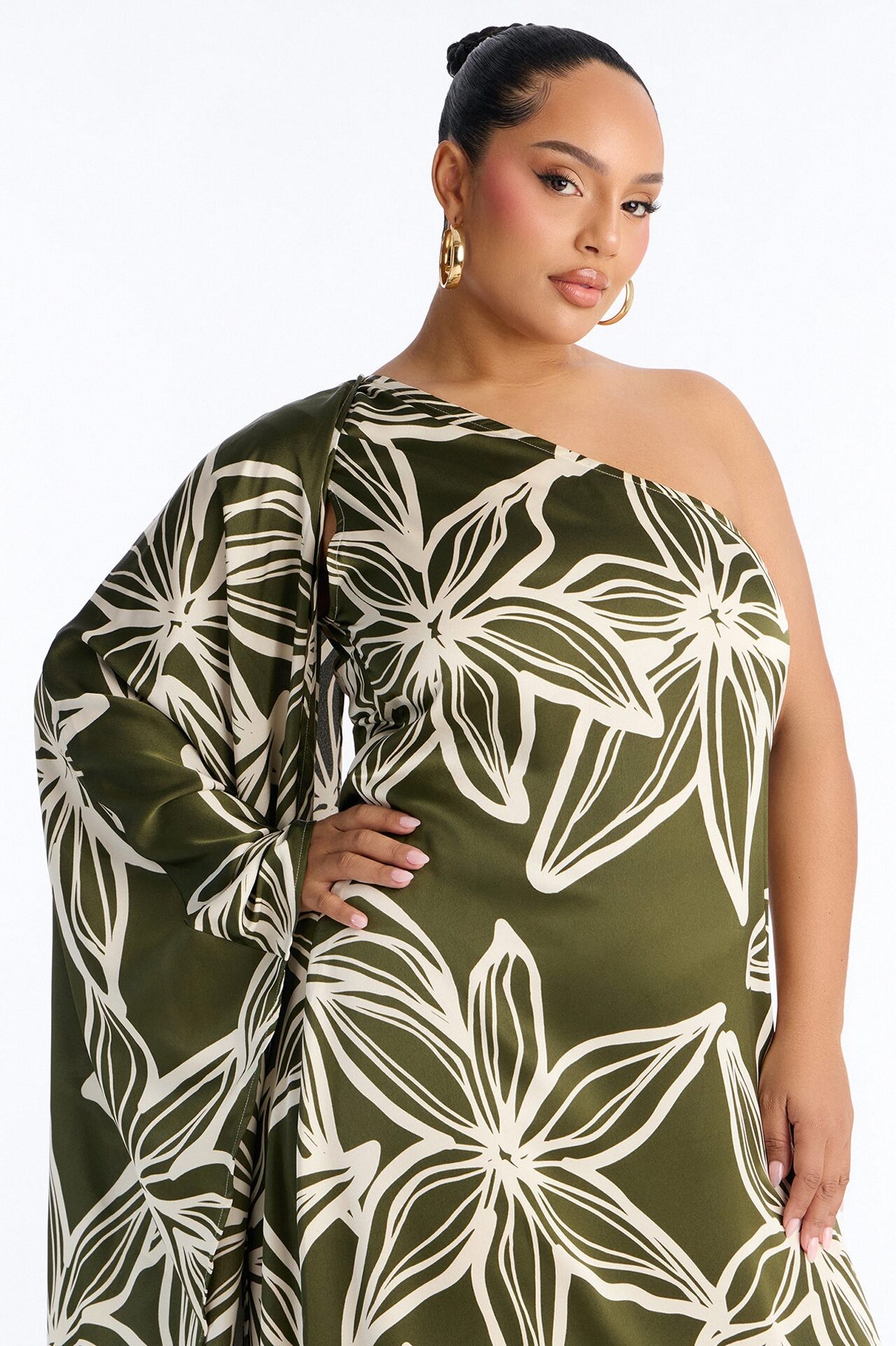 Maeve One Shoulder Satin Maxi Dress - Olive/combo