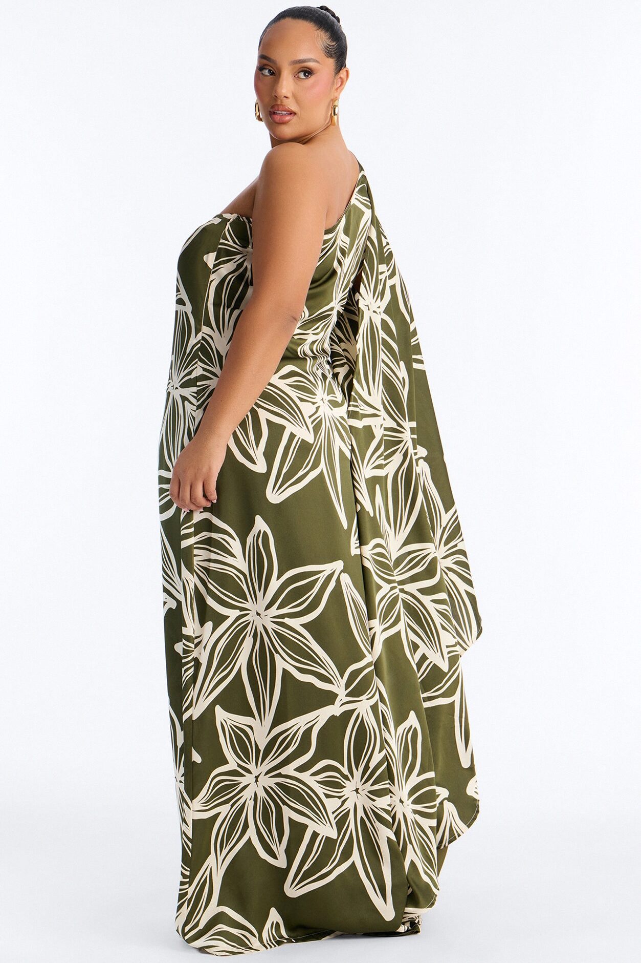 Maeve One Shoulder Satin Maxi Dress - Olive/combo