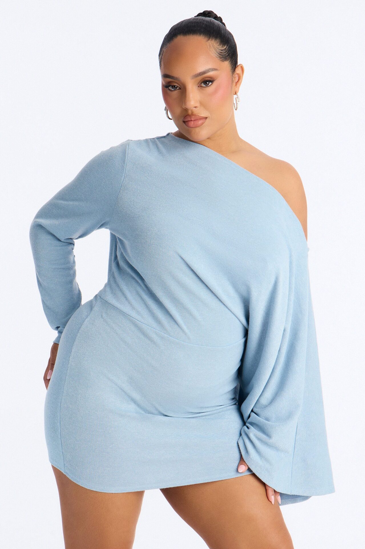 Alessia Off Shoulder Sweater Mini Dress - Dusty Blue