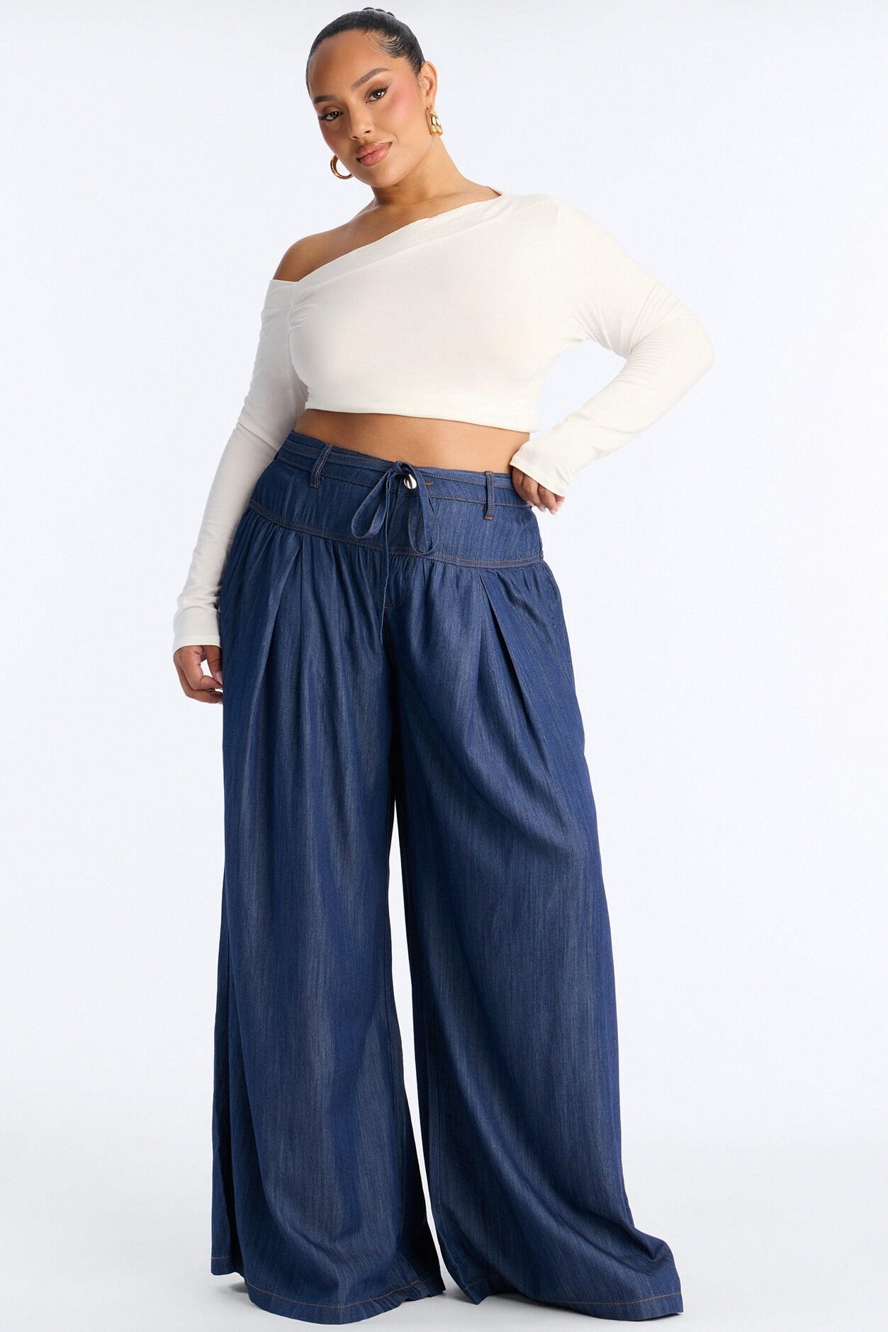 Golden Hour Chambray Tie Waist Pant 33″ - Dark Wash