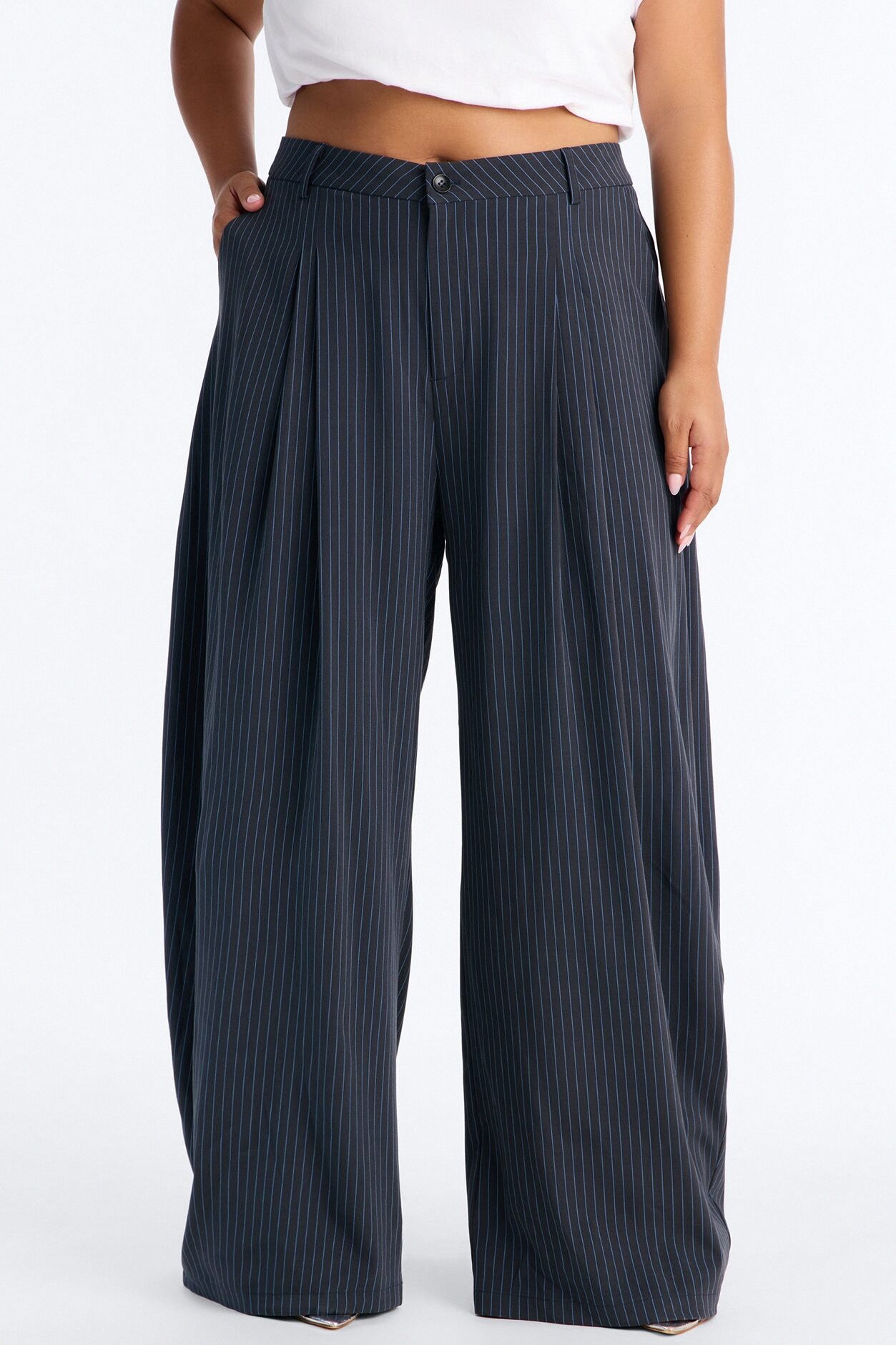 Run This Office Pinstripe Barrel Leg Pant 33″ - Navy