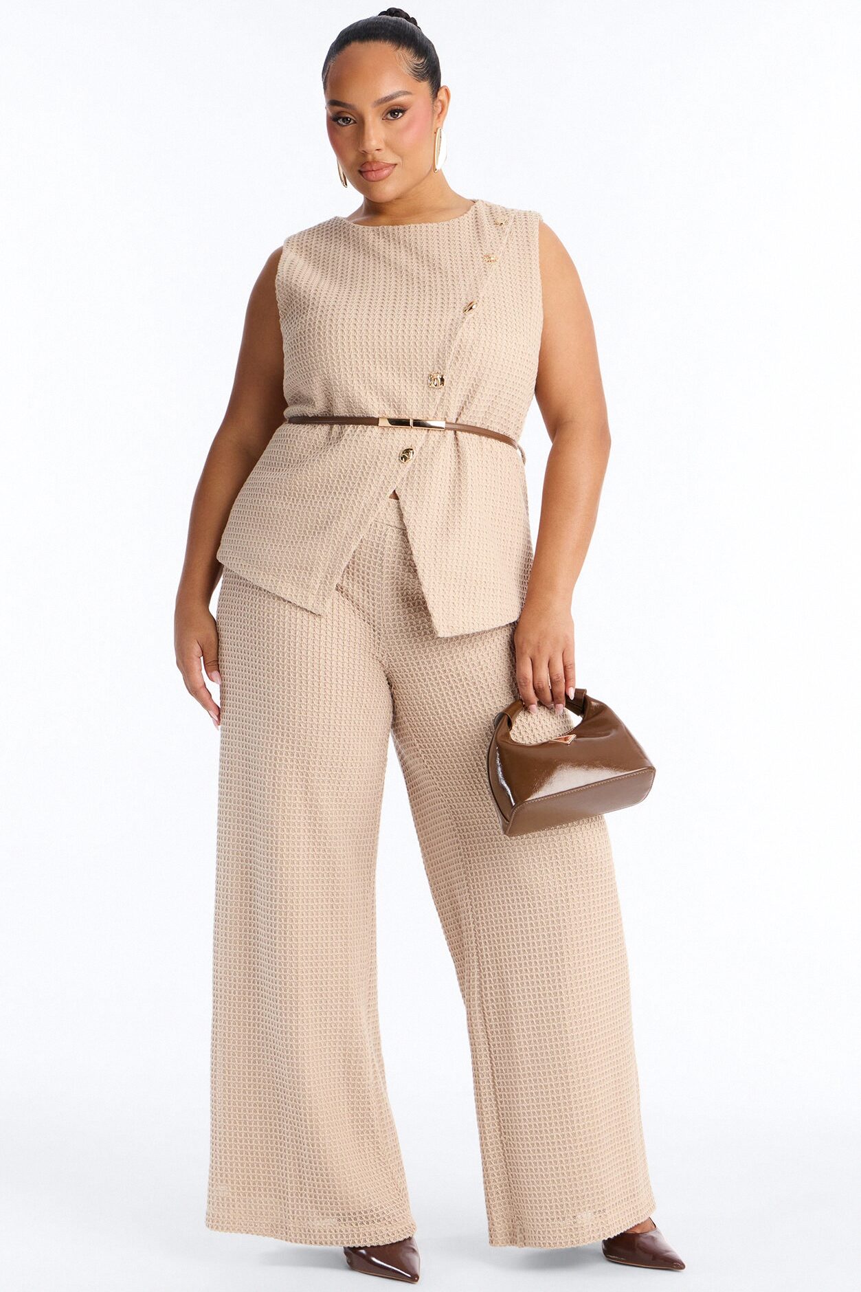 Ellie Belted Vest Pant Set - Taupe