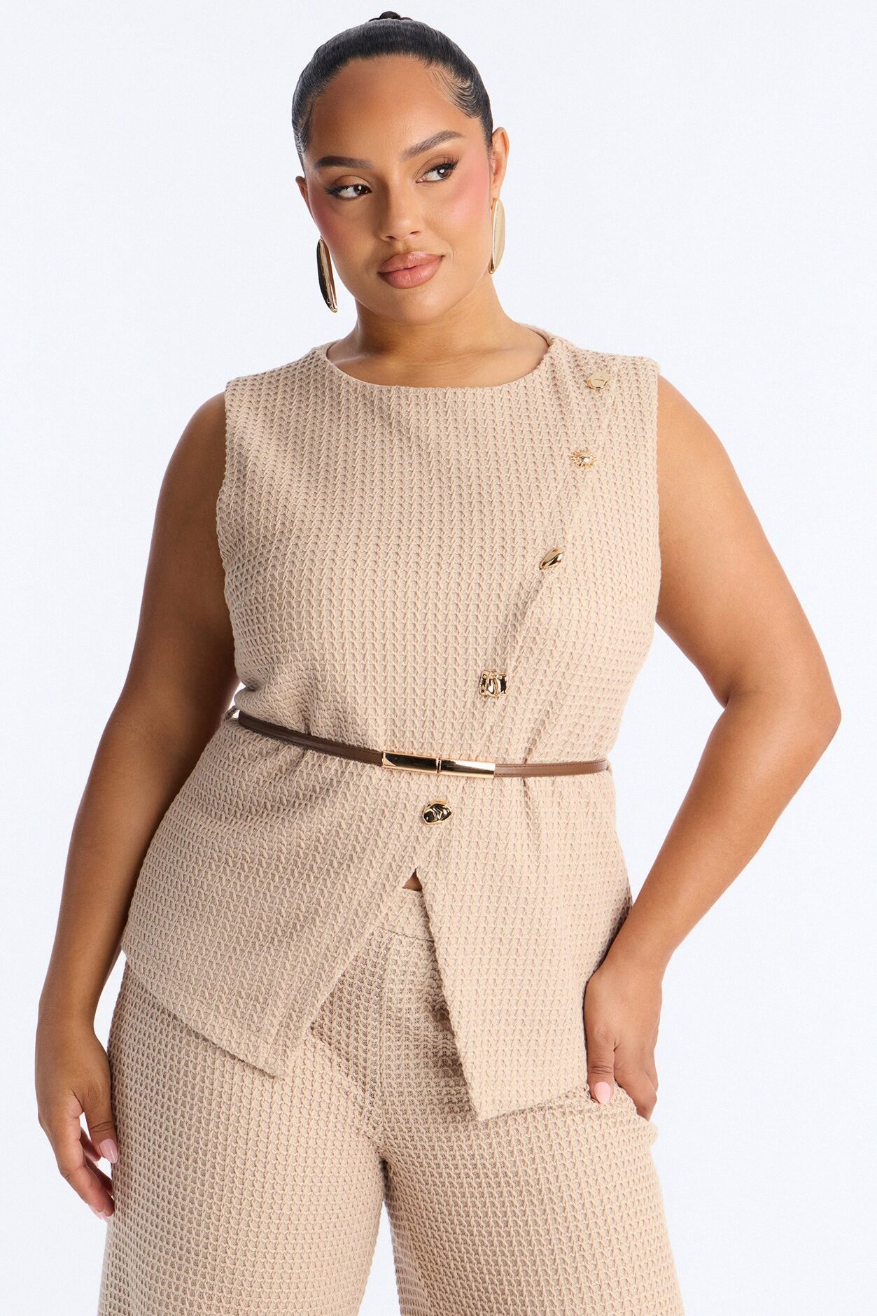 Ellie Belted Vest Pant Set - Taupe