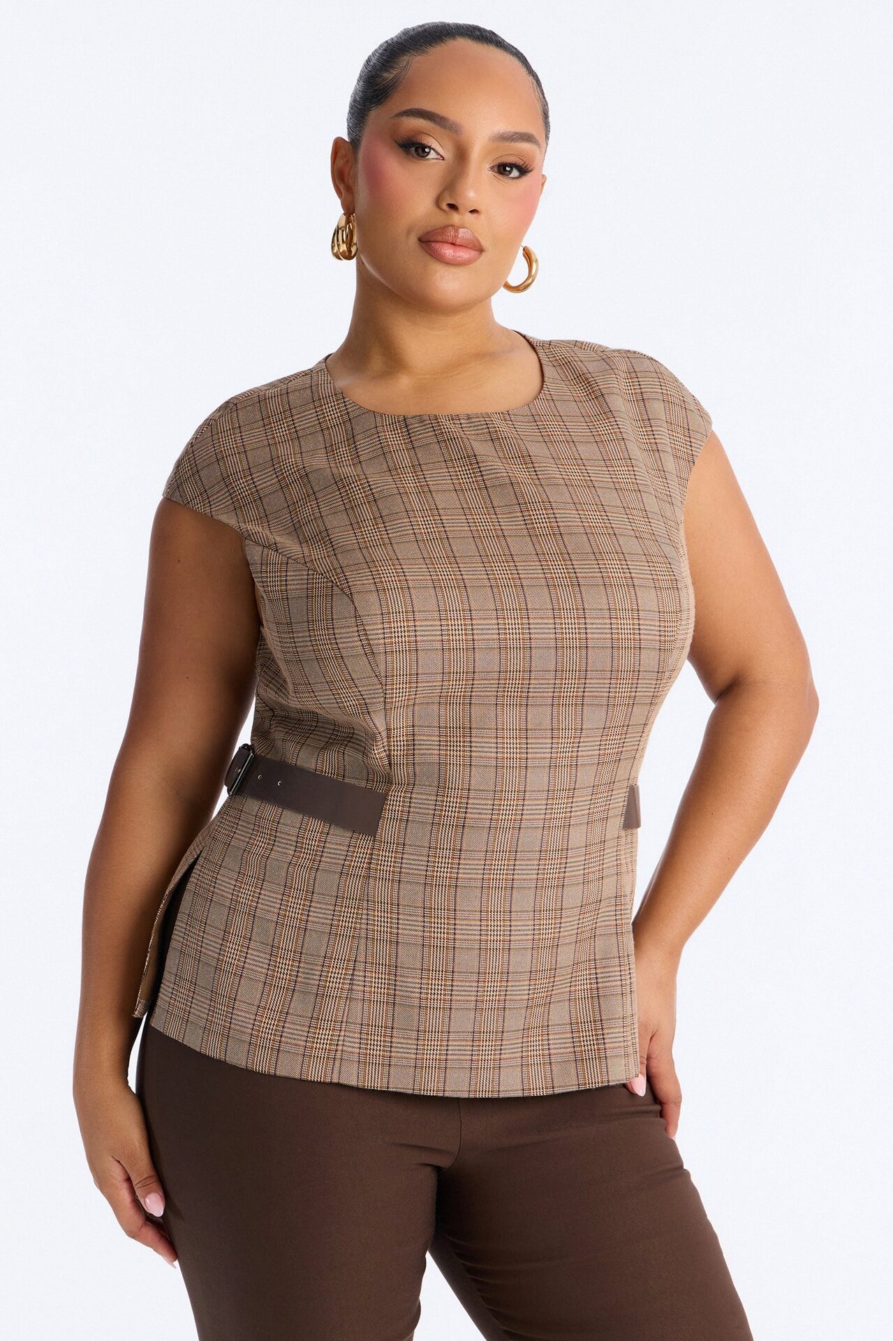 She's The Standard Belted Plaid Top - Taupe/combo