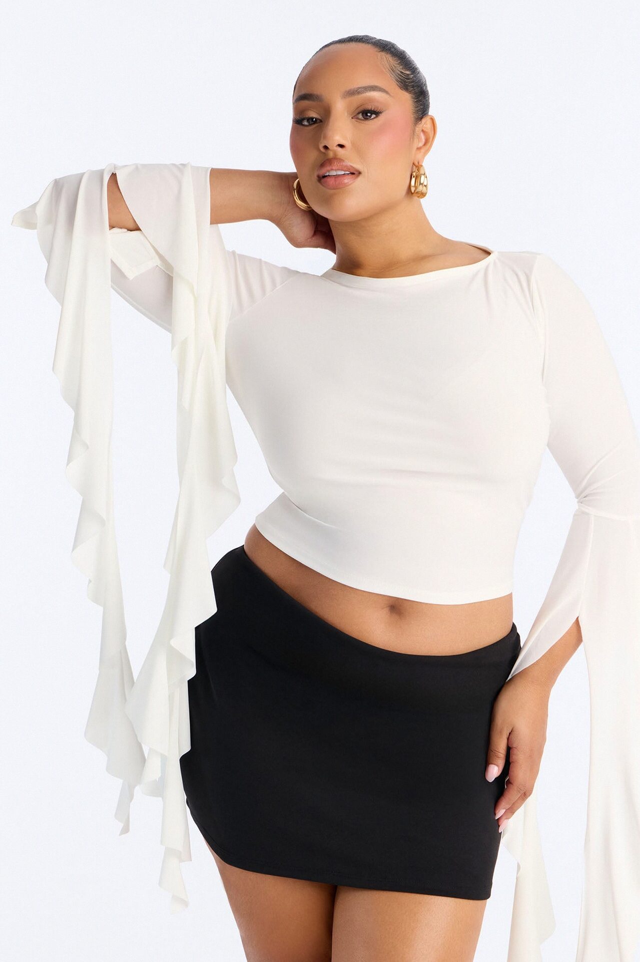 Isabella Boat Neck Ruffle Long Sleeve Top - White