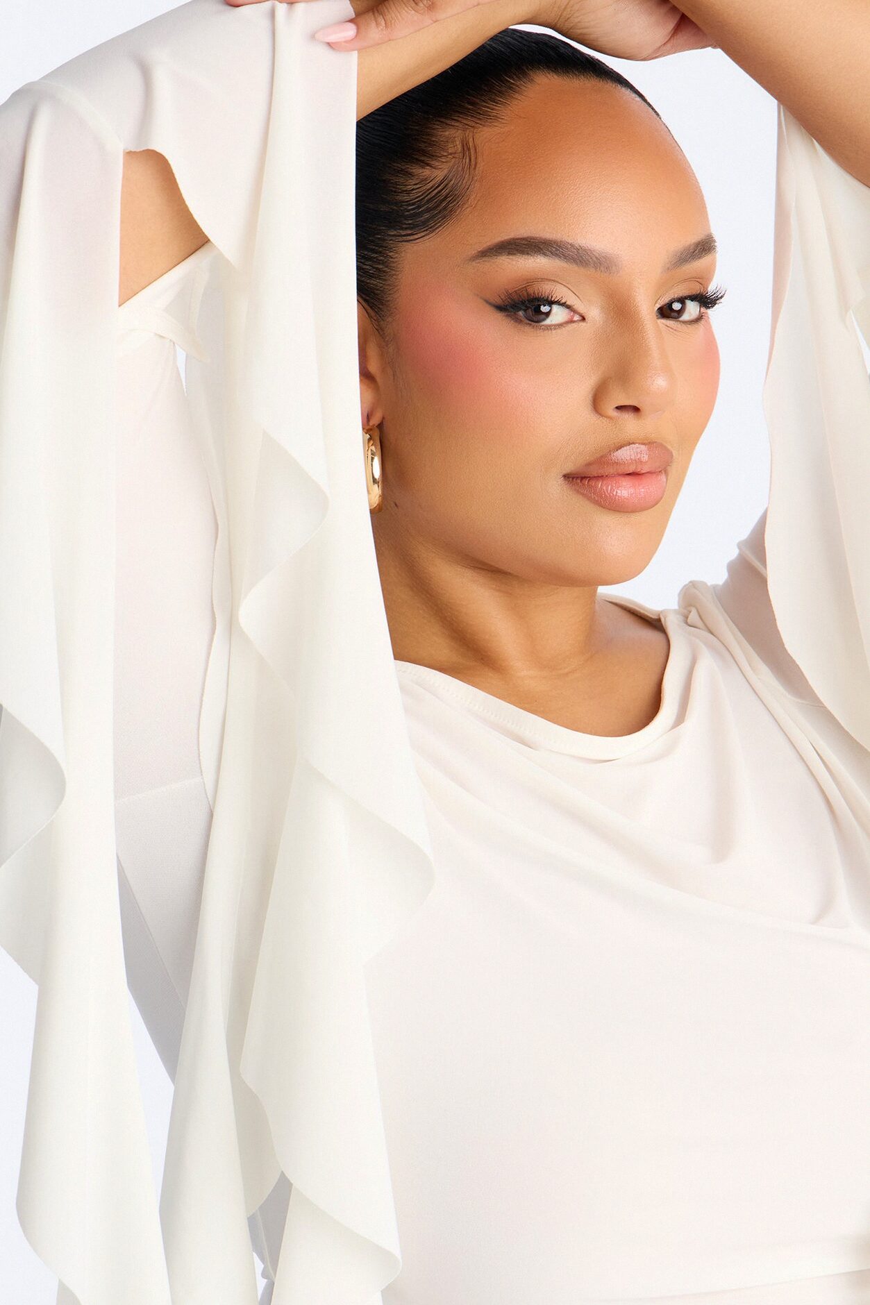 Isabella Boat Neck Ruffle Long Sleeve Top - White