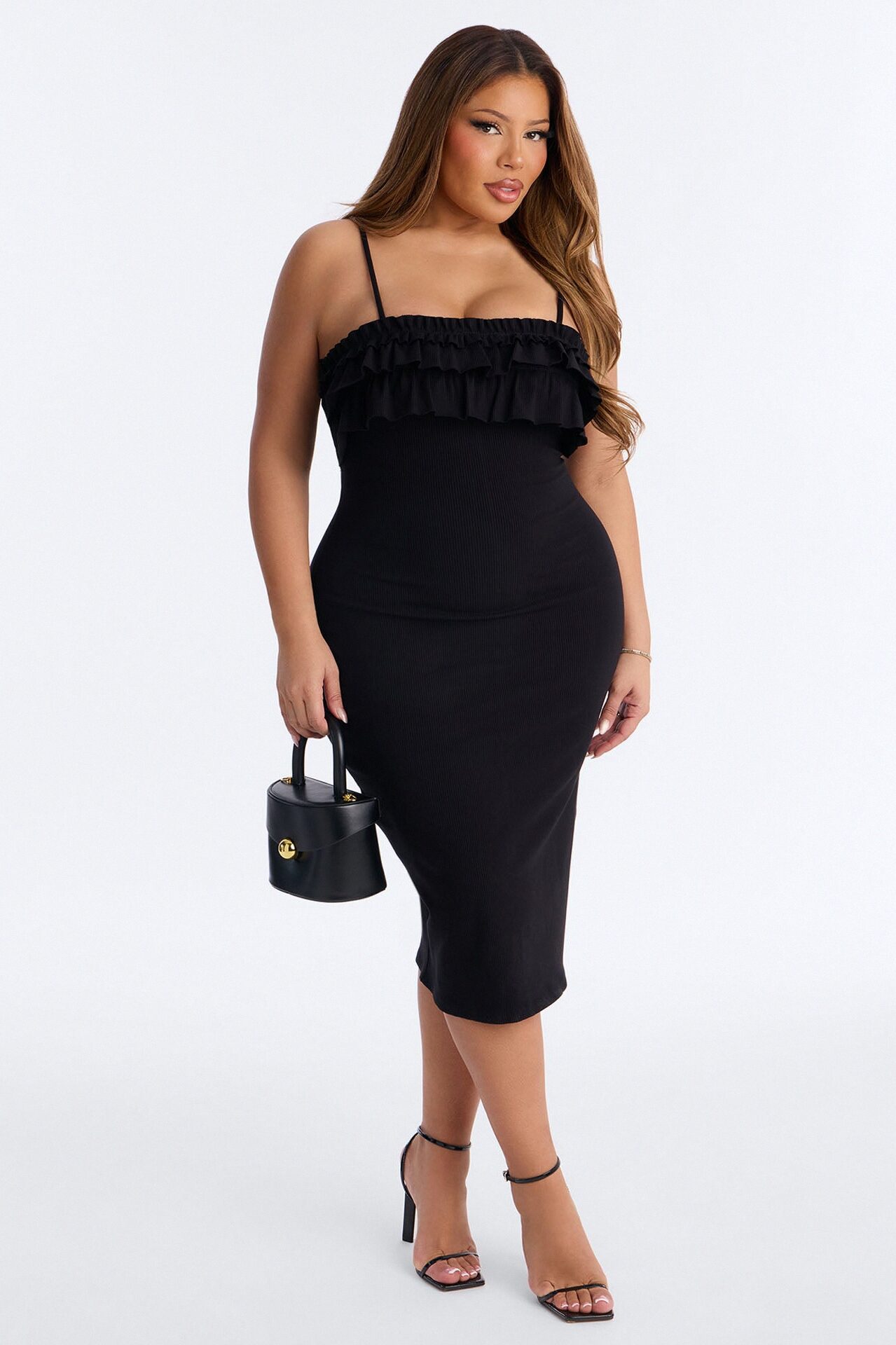 Paloma Ruffle Ribbed Midi Dress - Black