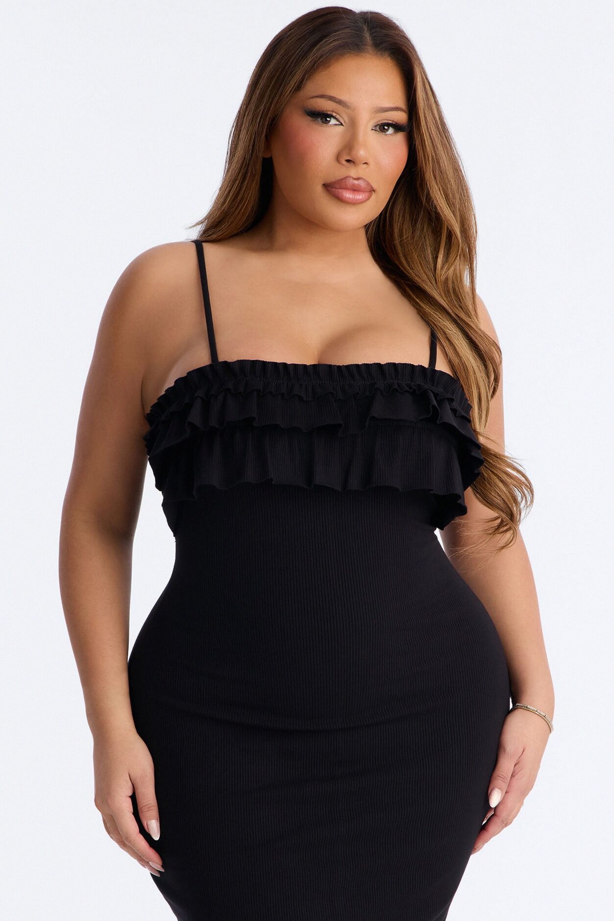 Paloma Ruffle Ribbed Midi Dress - Black