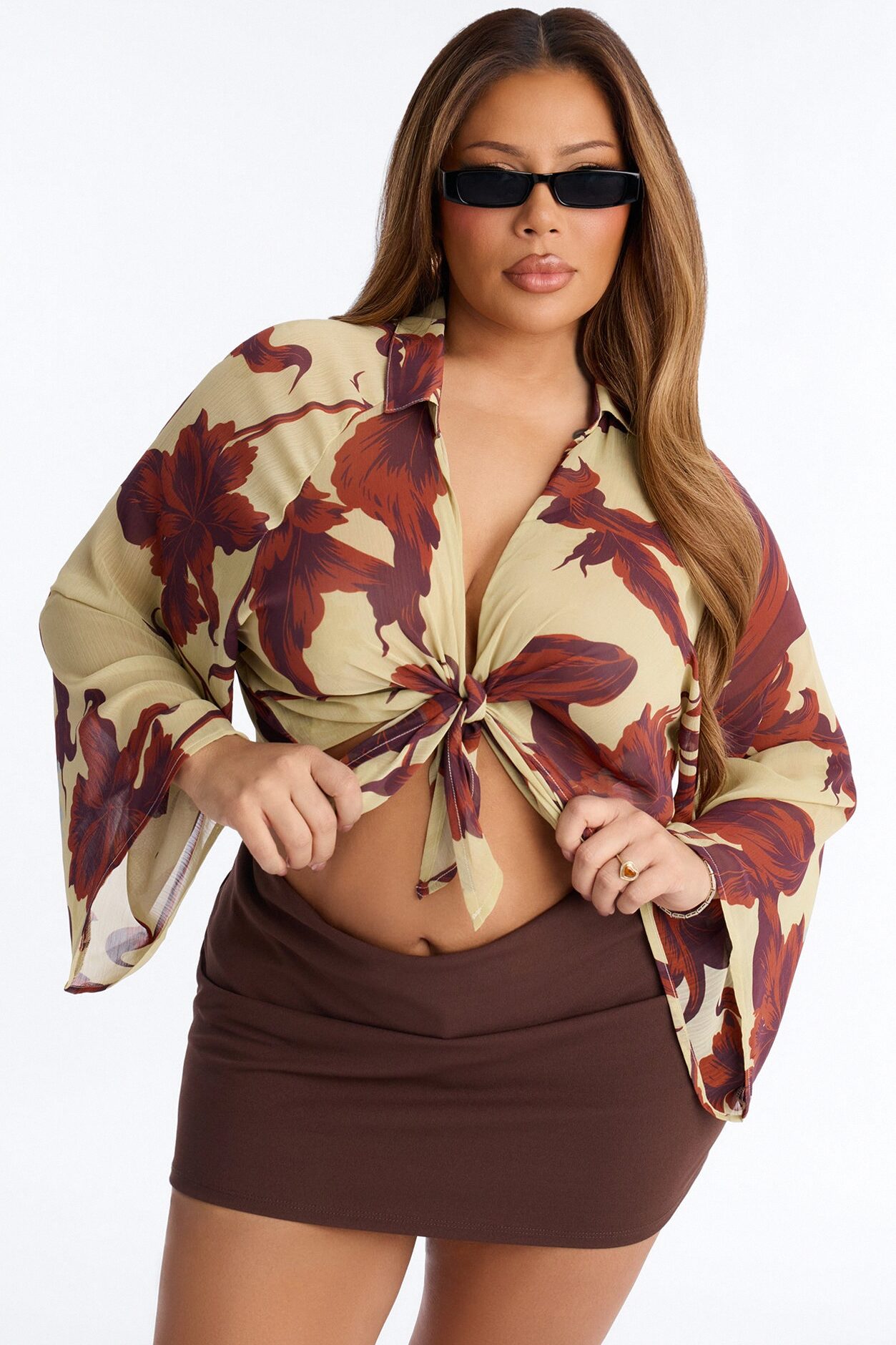 Vacay Cutie Tie Front Chiffon Top - Cream/combo