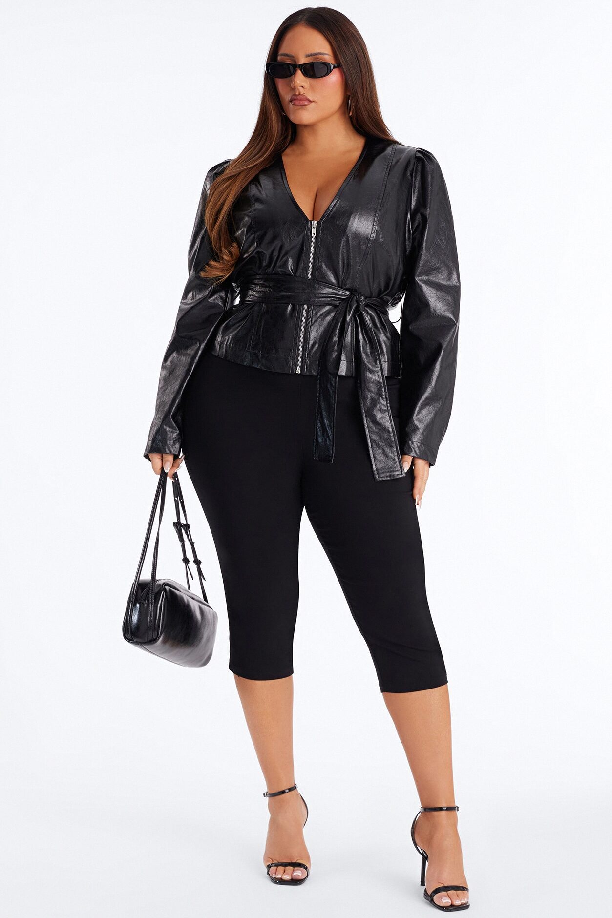 Ariel Collarless Zipper Belted Faux Leather Jacket - Black