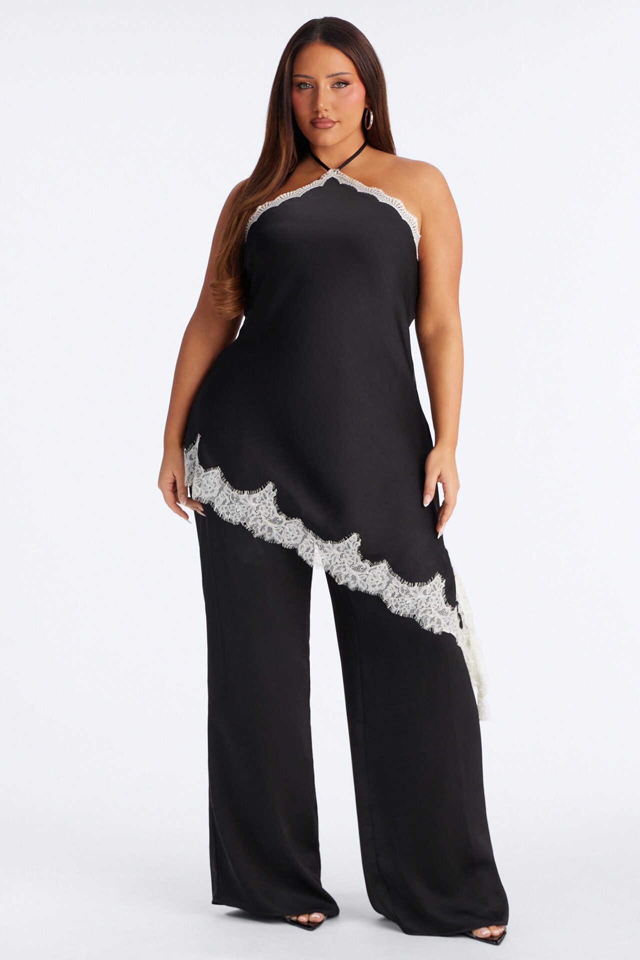 Bella Rose Draped Lace Trim Jumpsuit - Black