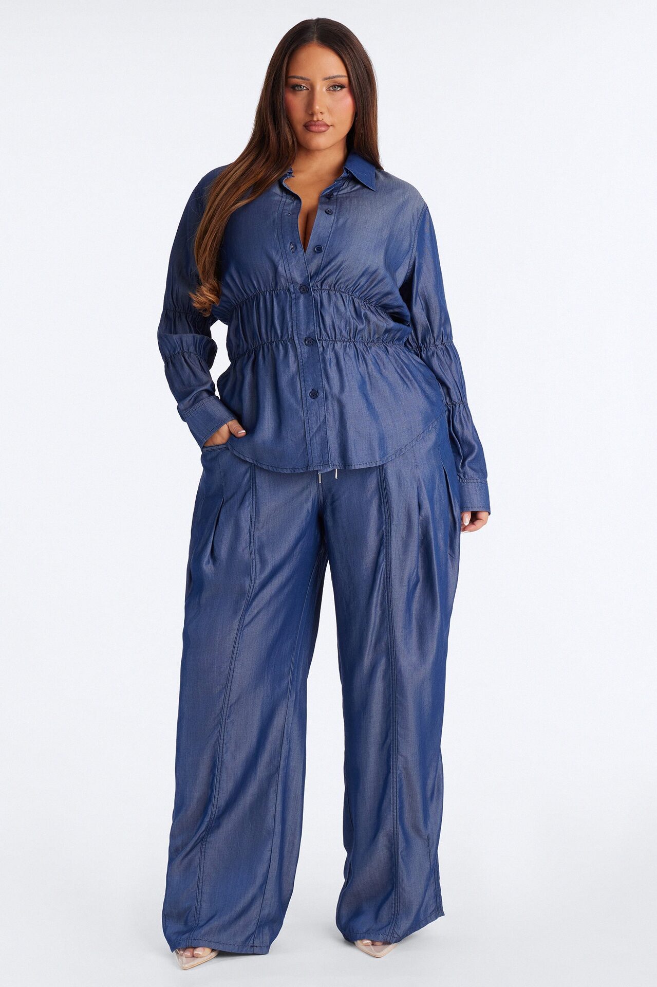 Lasting Impressions Chambray Wide Leg Pant Set - Blue
