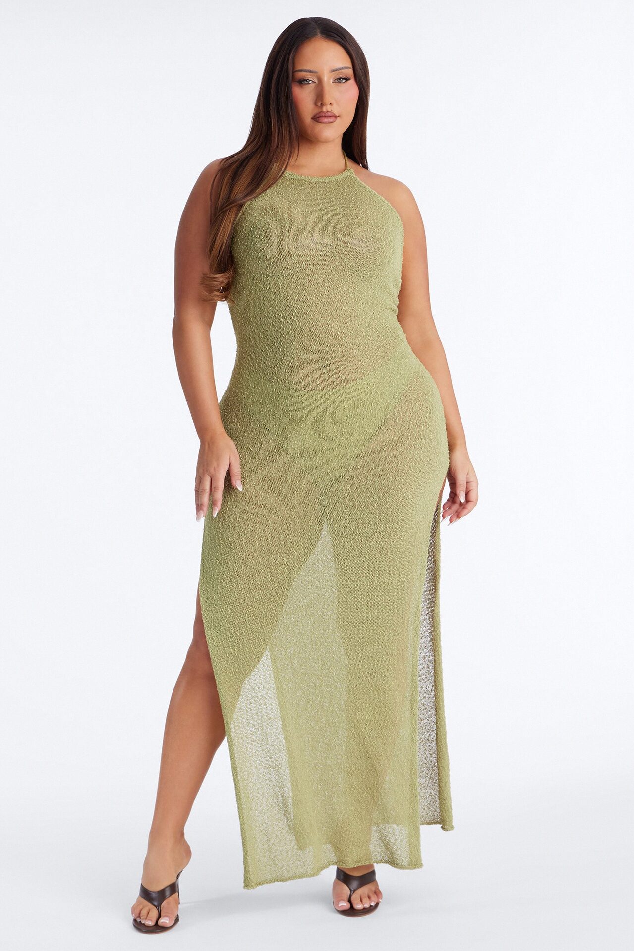 Stephanie Backless Textured Maxi Dress - Olive