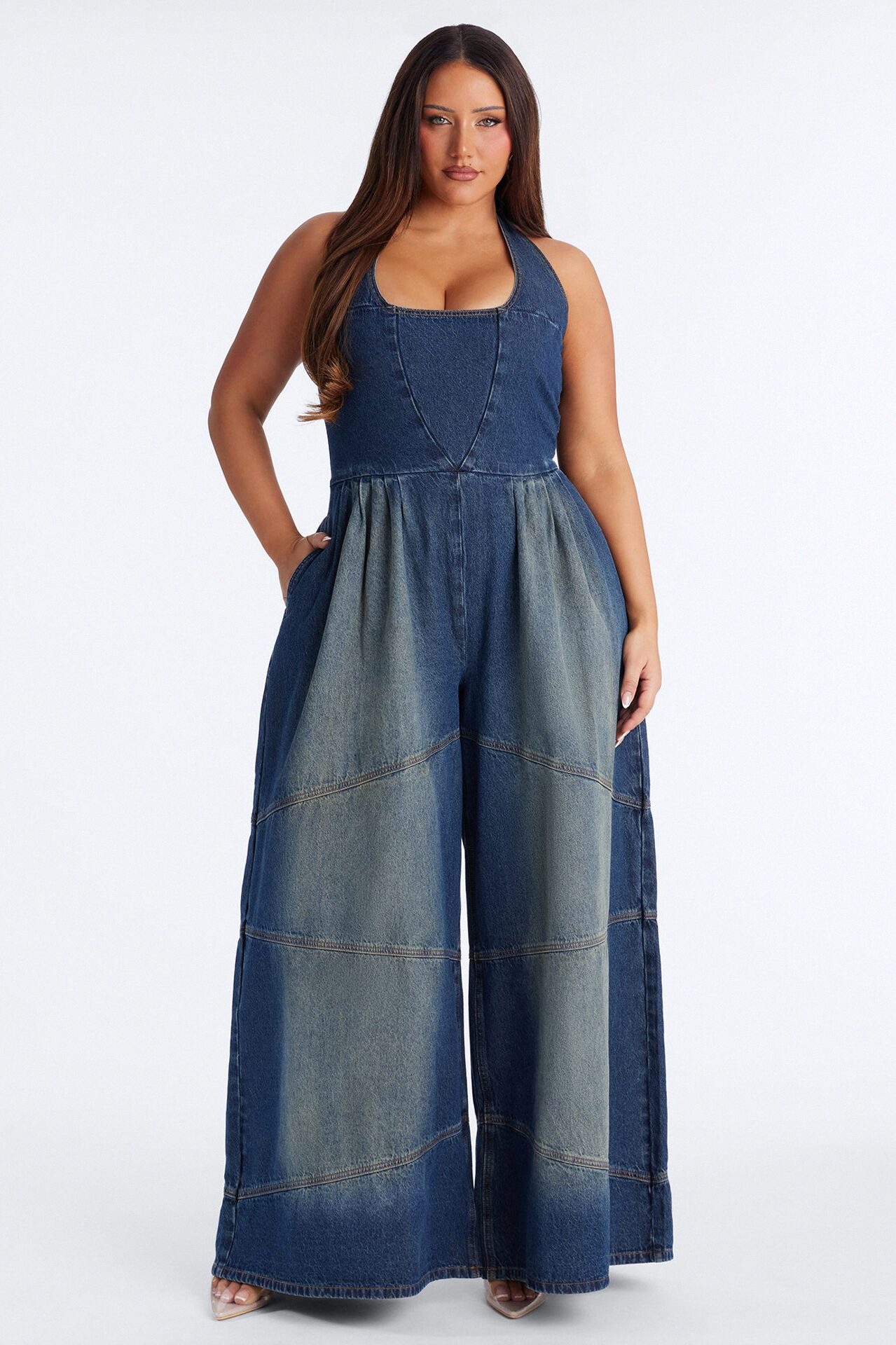 Bella Extreme Wide Leg Washed Denim Jumpsuit - Dark Wash