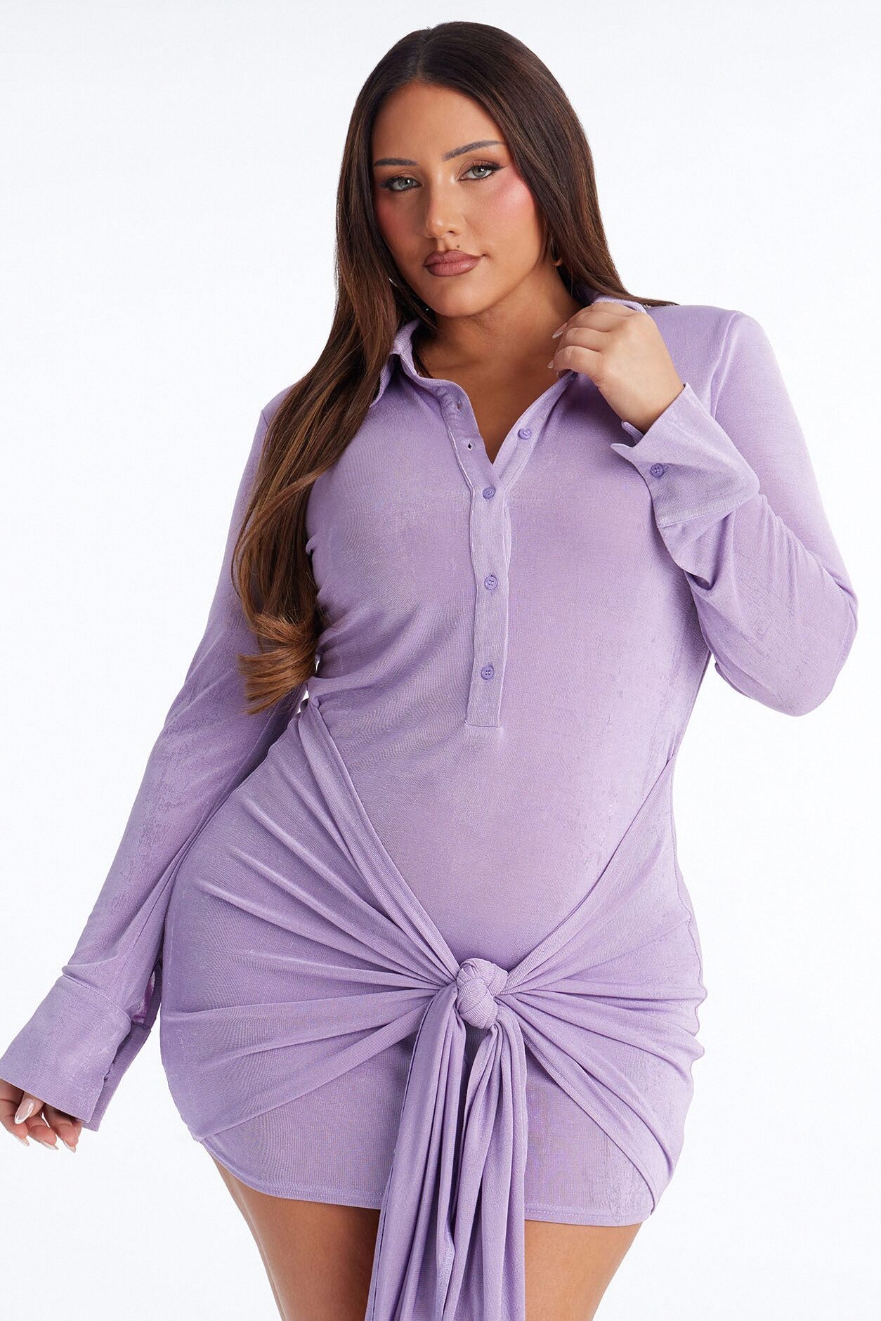 Annistyn Long Sleeve Slinky Mini Dress - Lavender