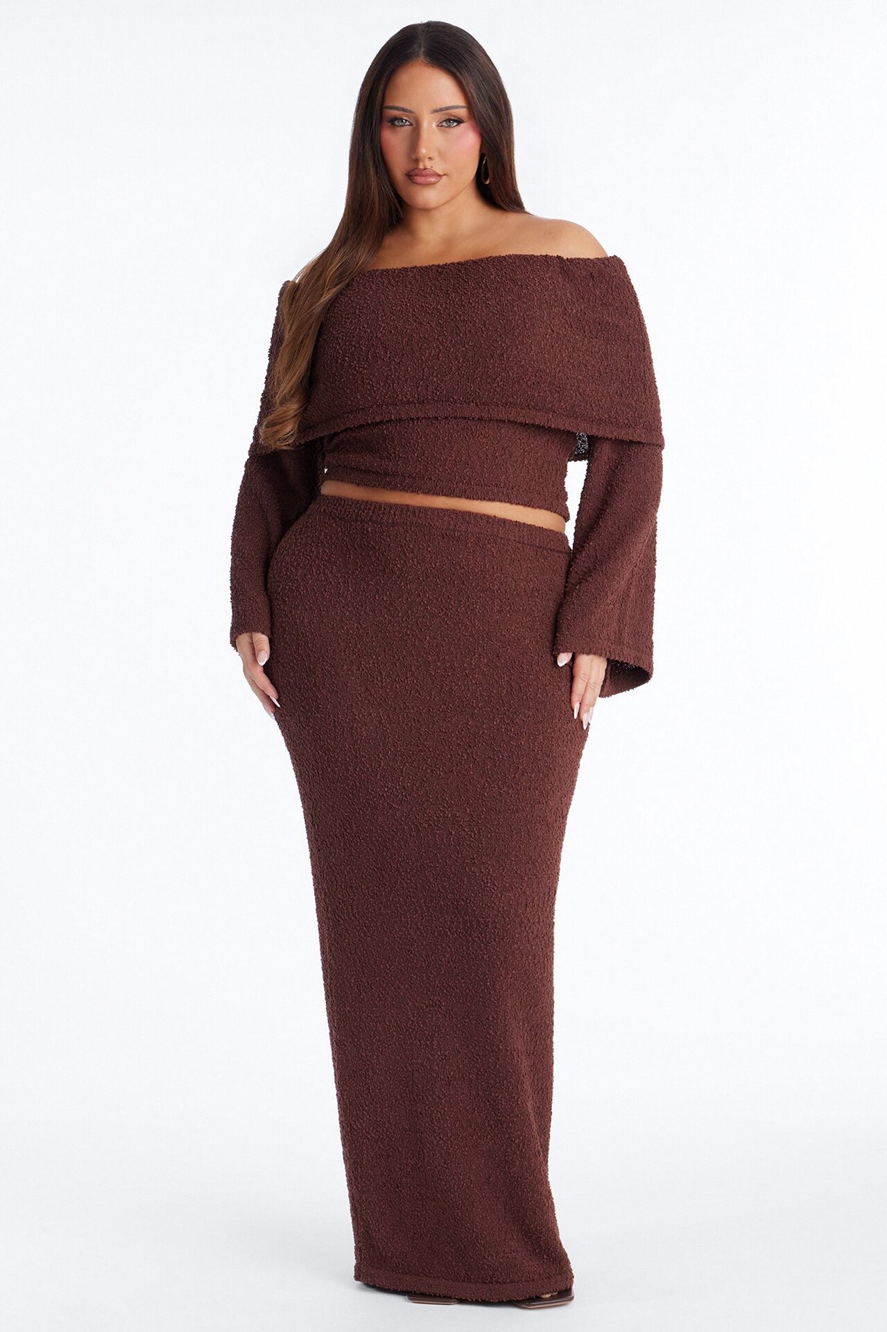 Double Date Off Shoulder Sweater Maxi Skirt Set - Chocolate