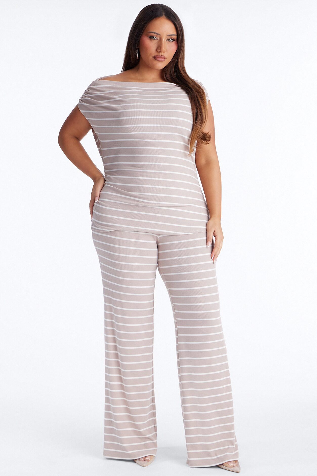 Carina Off Shoulder Ribbed Pant Set - Taupe