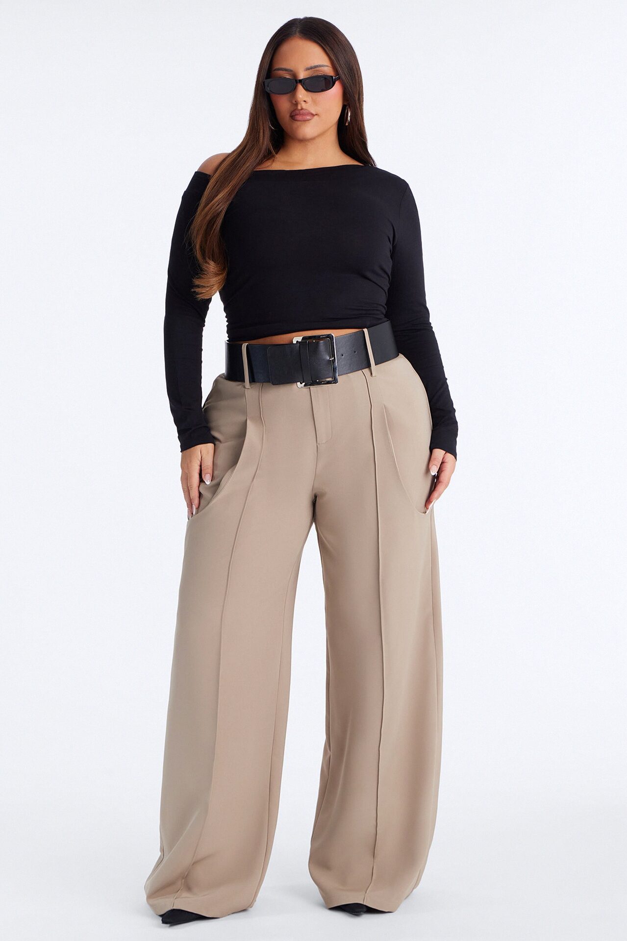 Ramona Pocket Detail Belted Wide Leg Pant 33″ - Khaki