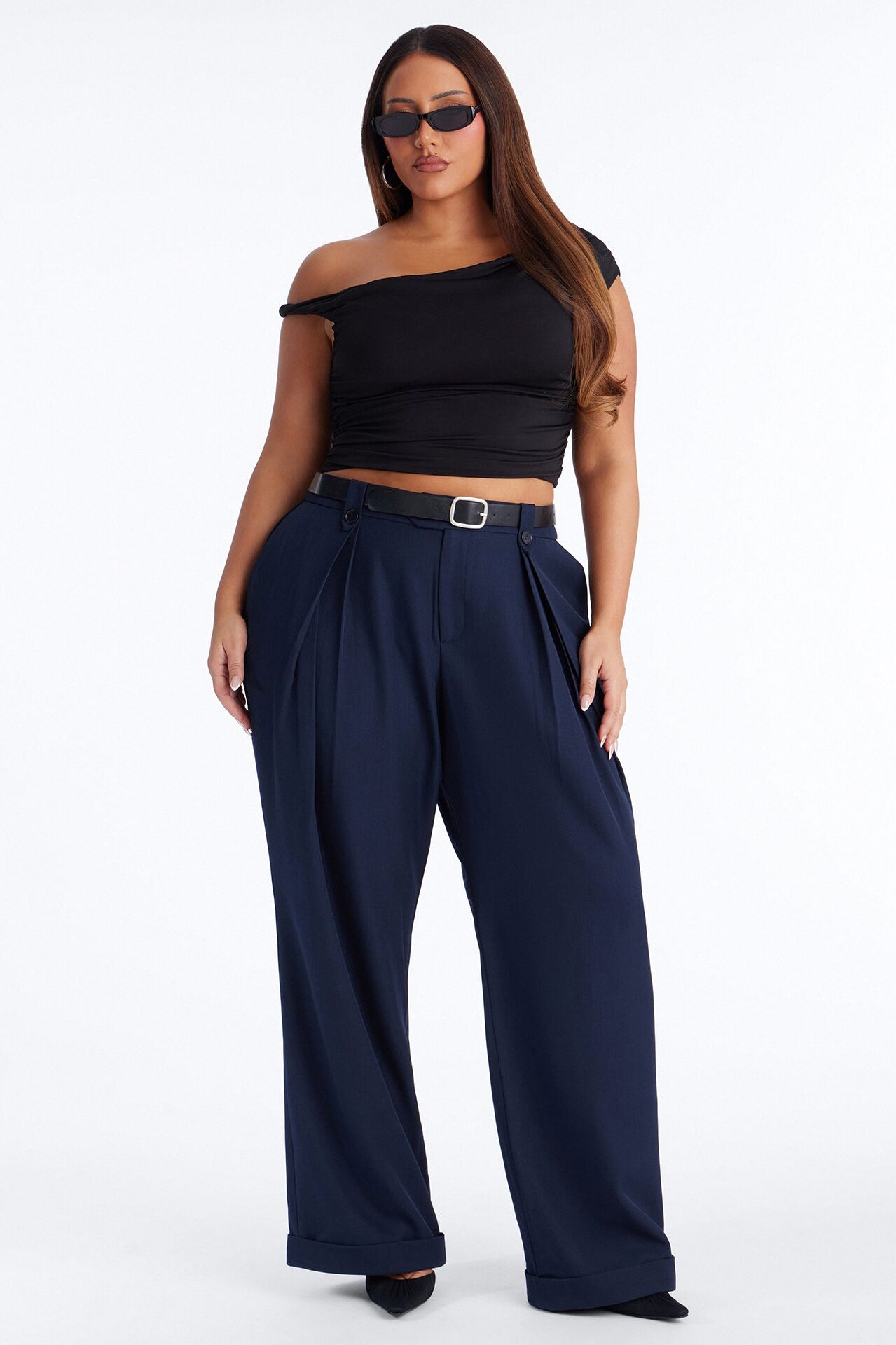 Brooklyn Mid Rise Belted Wide Leg Trouser Pant 33″ - Navy