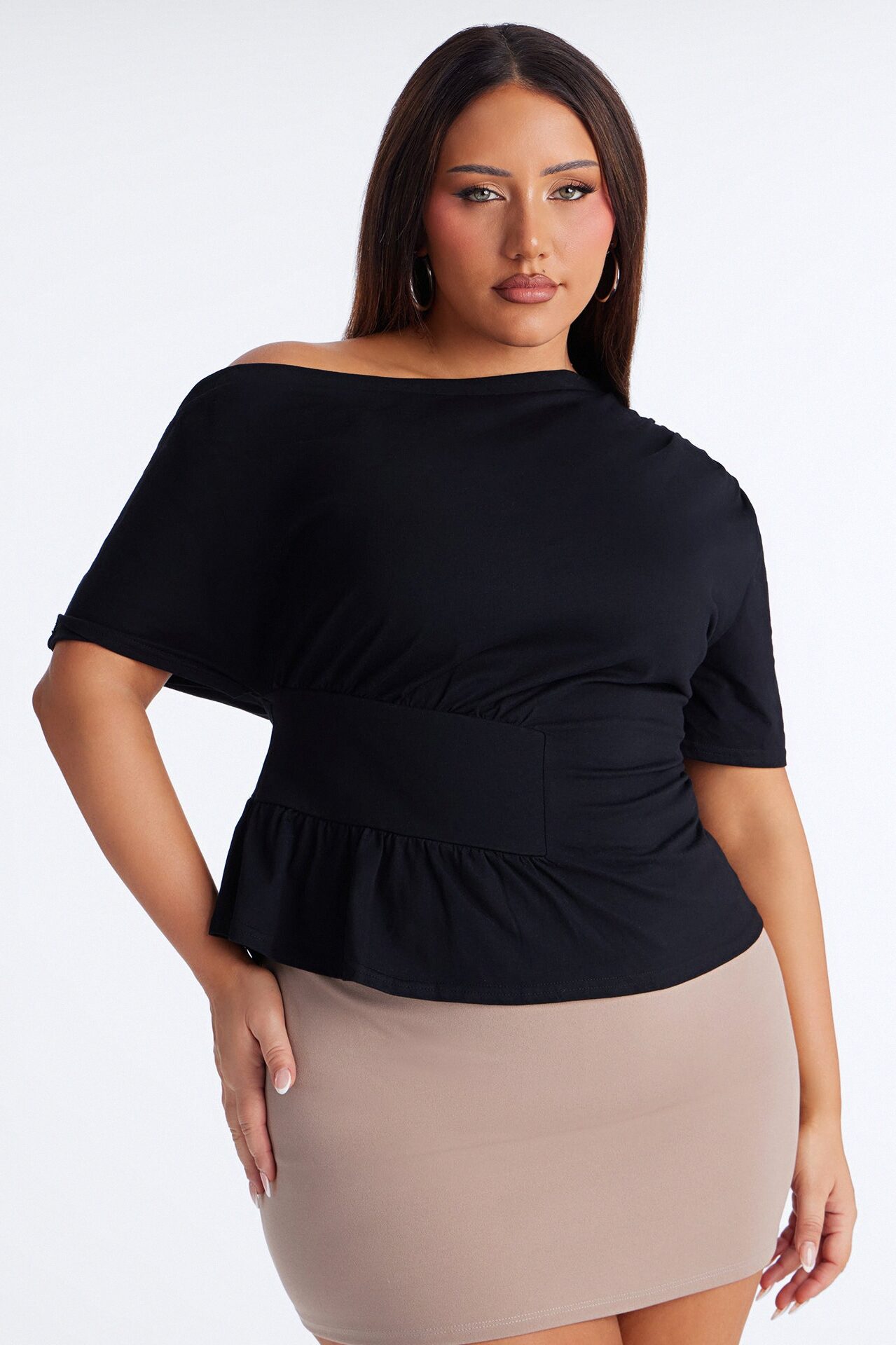 Brooklyn Ruched Off Shoulder Short Sleeve T-Shirt - Black