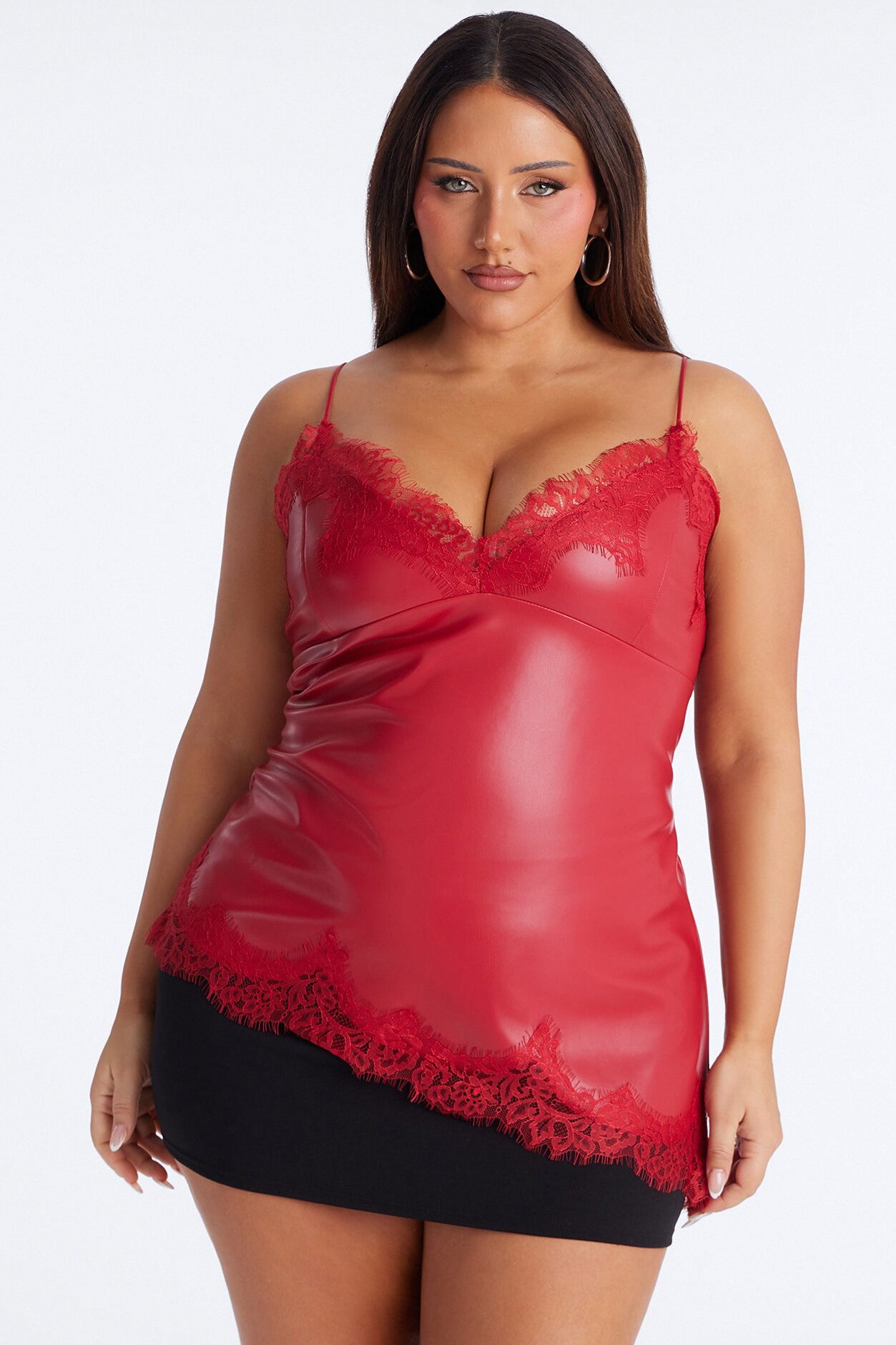 Late Nights Lace Trim Faux Leather Top - Red