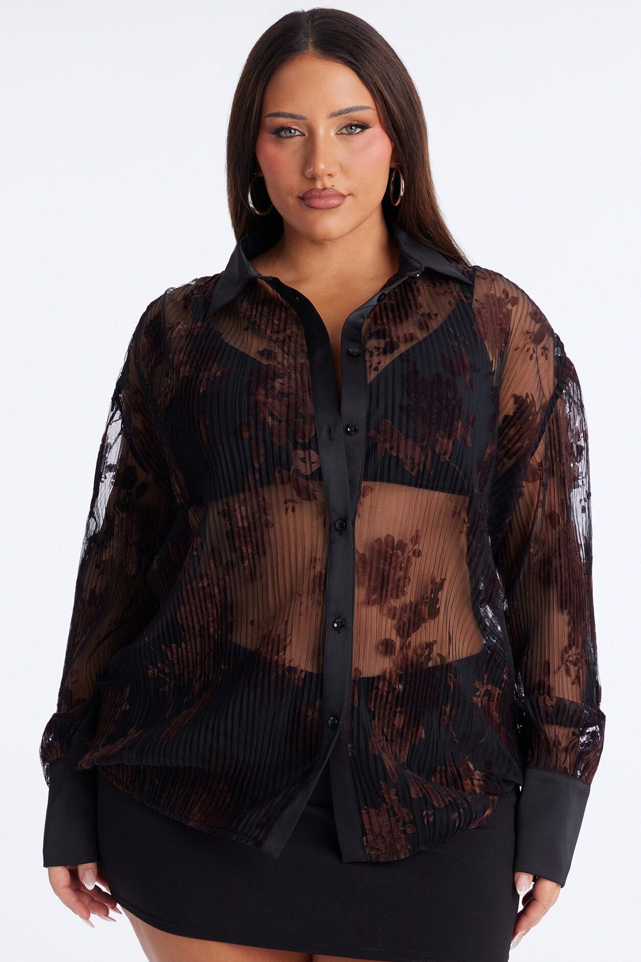 Autumn Velvet Floral Mesh Shirt - Black/combo