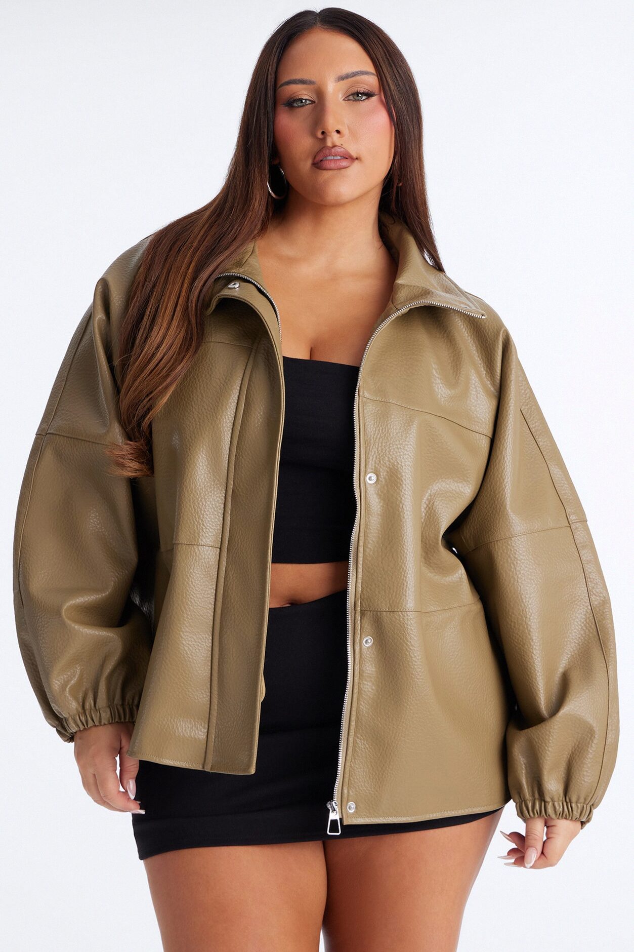 Effortless Funnel Neck Faux Leather Anorak - Olive